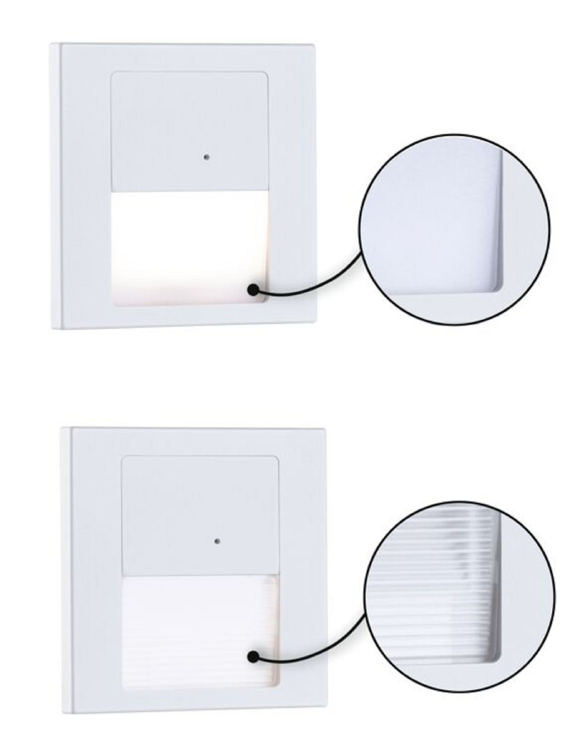 Dwie białe lampy ścienne, pokazujące podświetlany otwór na dole i widok z boku.