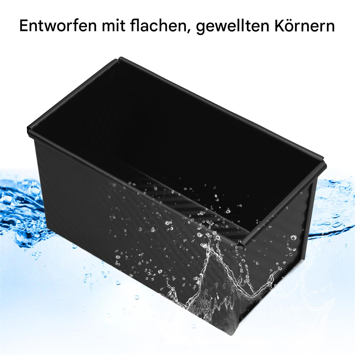 Schwarze Brotbackform mit Wasserspritzern, entworfen mit flachen, wellenförmigen Körnern.