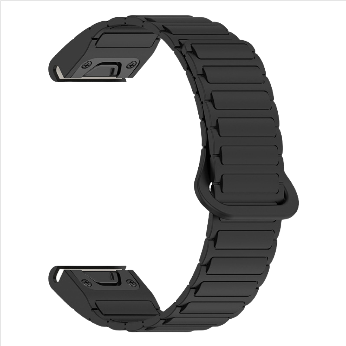 Ein schwarzes Uhrenarmband aus rechteckigen Gliedern. Es hat Anschlüsse an jedem Ende.