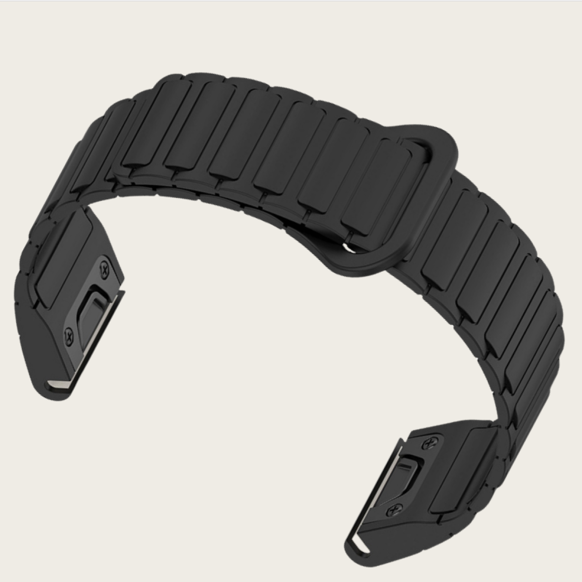 Schwarzes Uhrenarmband mit silbernen Schnallen und einem Magnetverschluss. Das Armband ist gebogen.