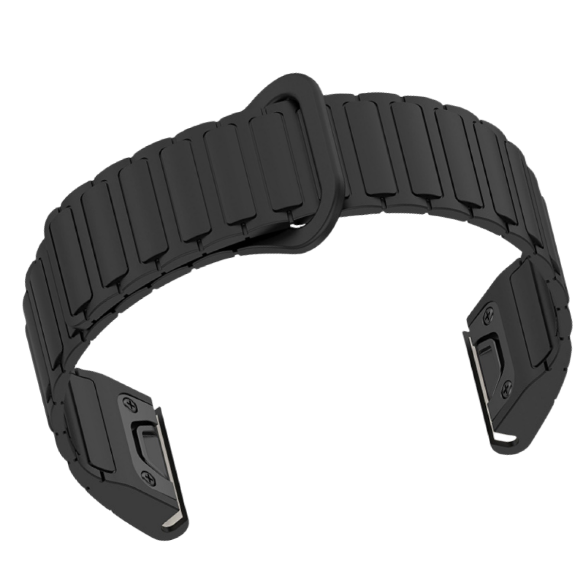Schwarzes Uhrenarmband. Es hat eine Schnalle und ein rechteckiges Design.
