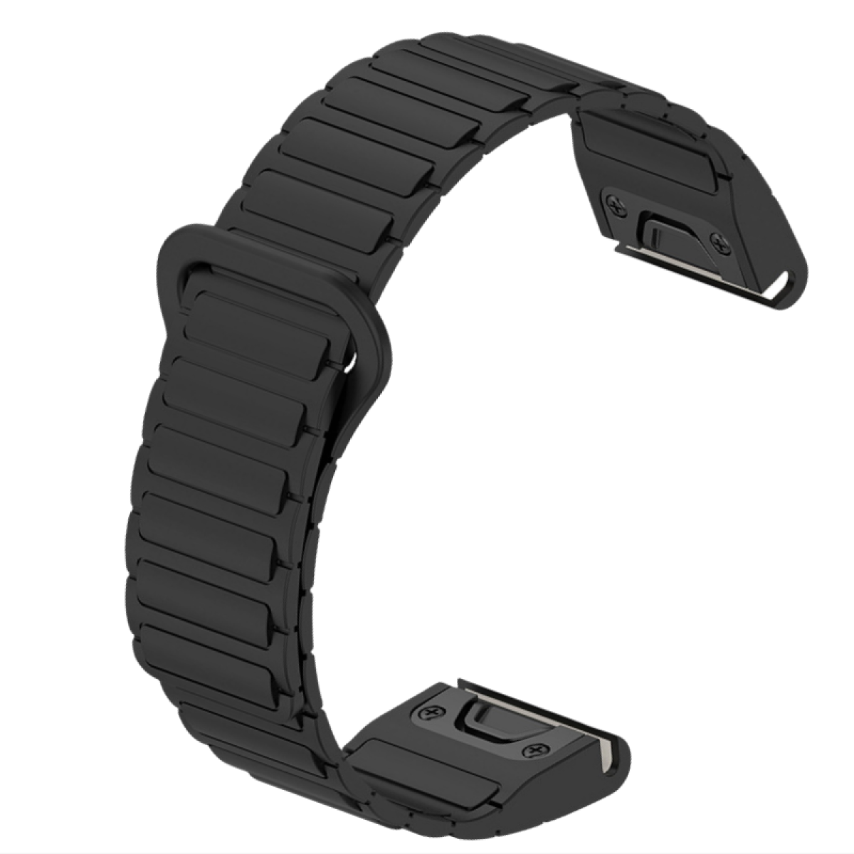 Schwarzes Uhrenarmband aus verbundenen Segmenten. Es hat einen Verschluss und Befestigungspunkte.