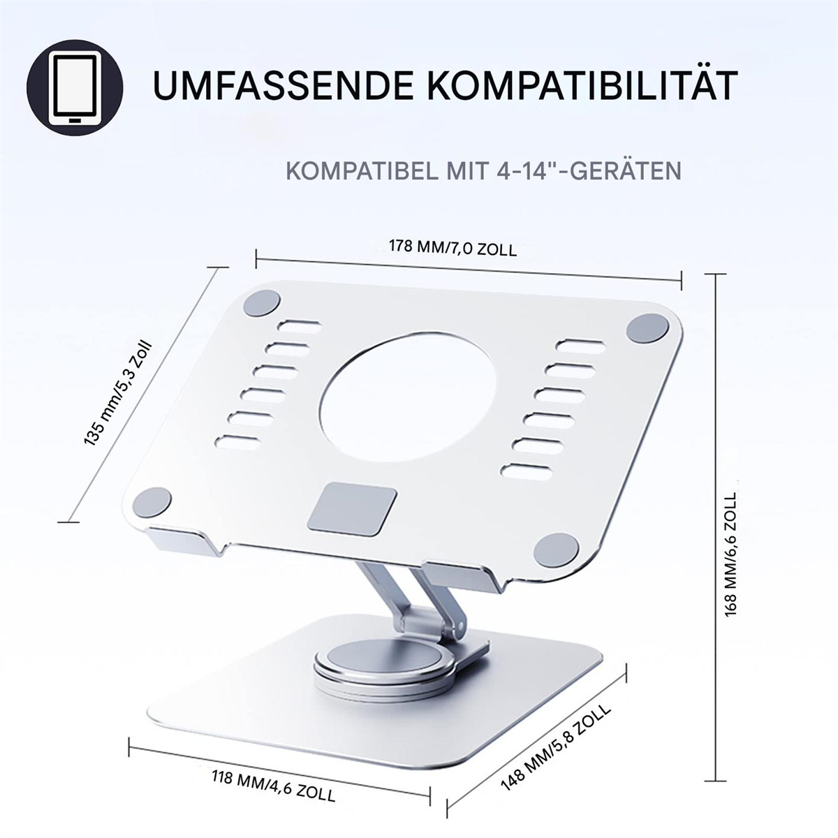 Silberner Laptopständer mit verstellbarem Arm, quadratischer Basis und Maßen. Weißer Hintergrund.