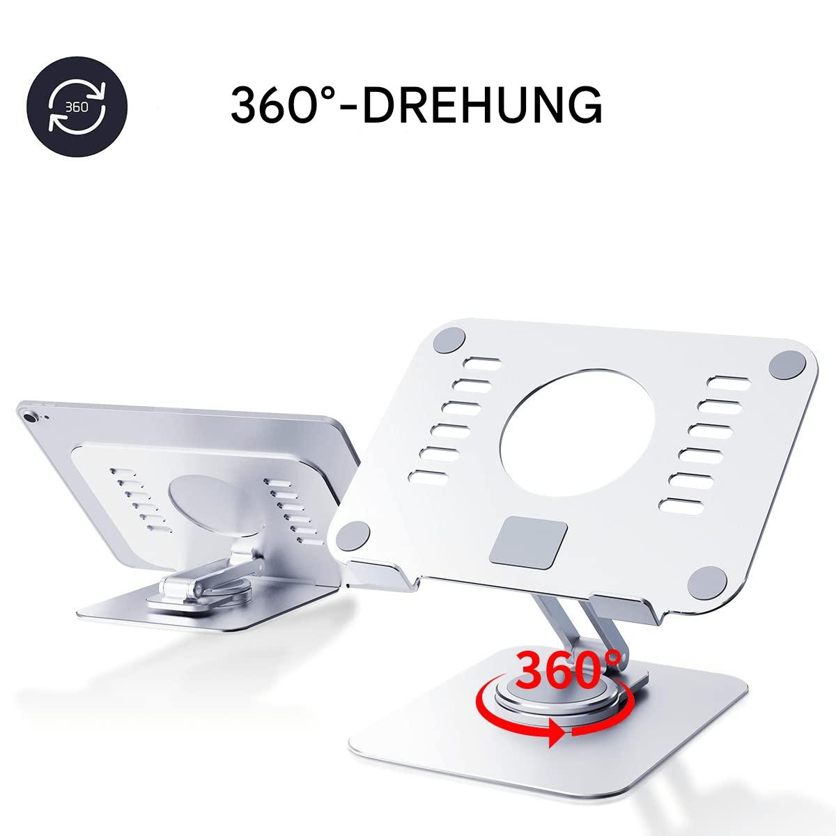 Silberner Laptop-Ständer mit 360-Grad-Drehung, zwei Ständer gezeigt, einer mit Tablet.