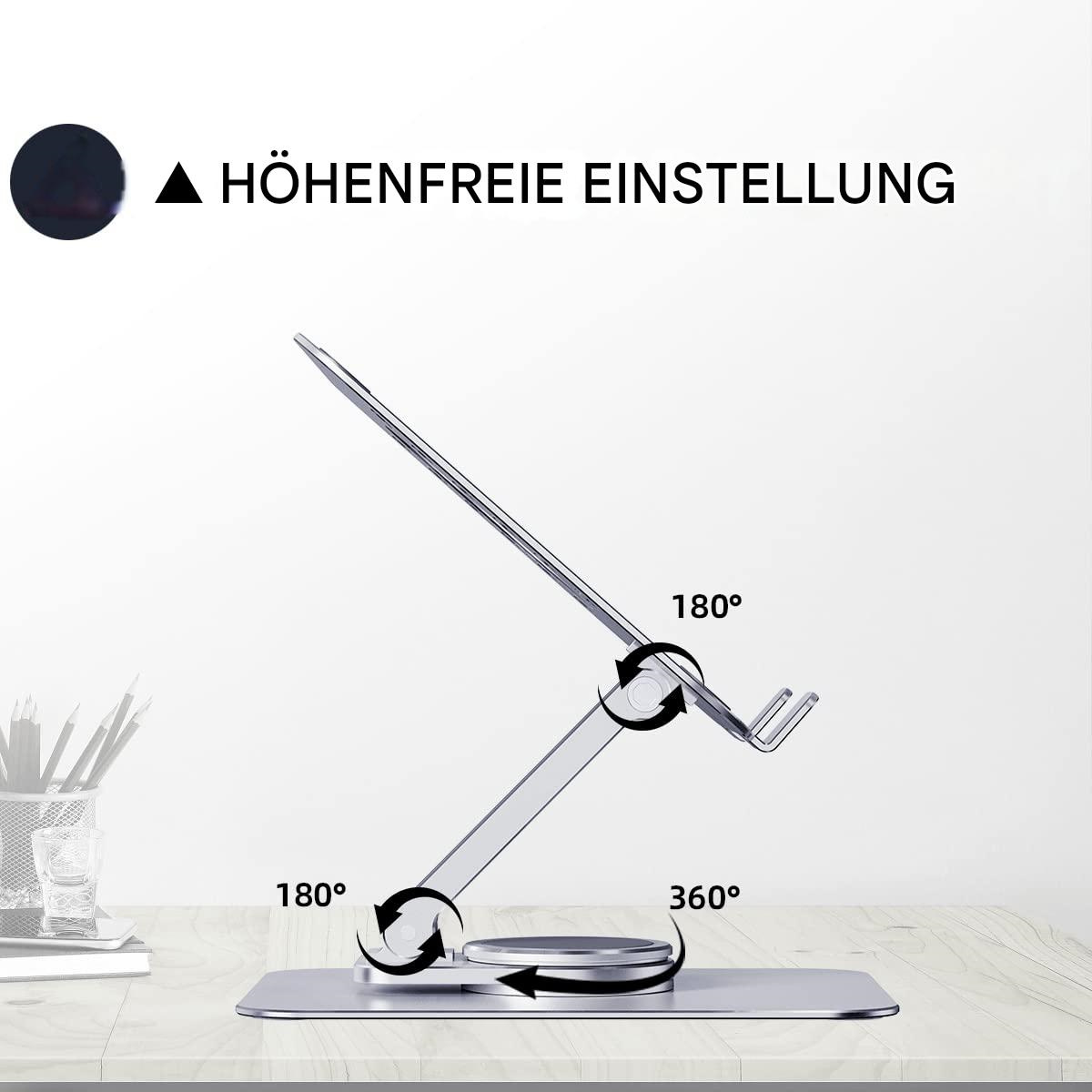 Ein faltbarer silberner Tablet-Ständer. Es hat rotierende Gelenke, die durch Pfeile angezeigt werden.