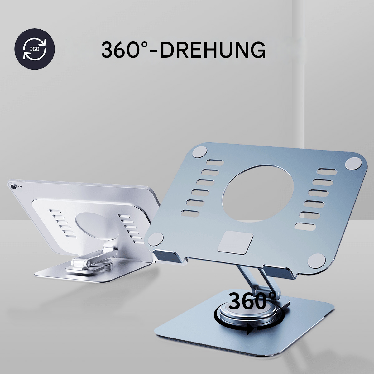 Zwei silberne Laptop-Ständer, einer mit 360°-Drehung, auf hellem Hintergrund.