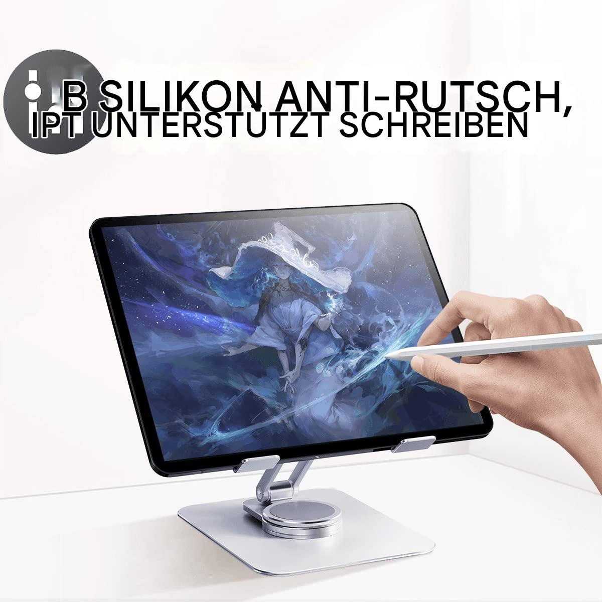 Ein Tablet steht auf einem silbernen Ständer, Hand hält Stift, Text 'SILIKON ANTI-RUTSCH'.