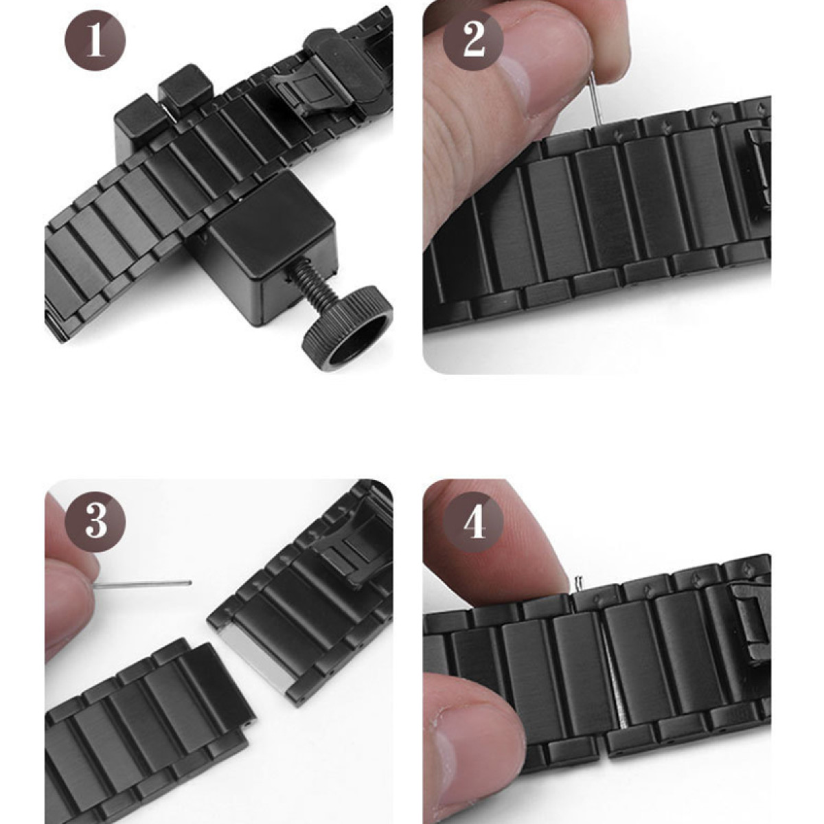 Schritte zum Anpassen eines schwarzen Uhrenarmbands mit einem Werkzeug zum Entfernen von Gliedern.