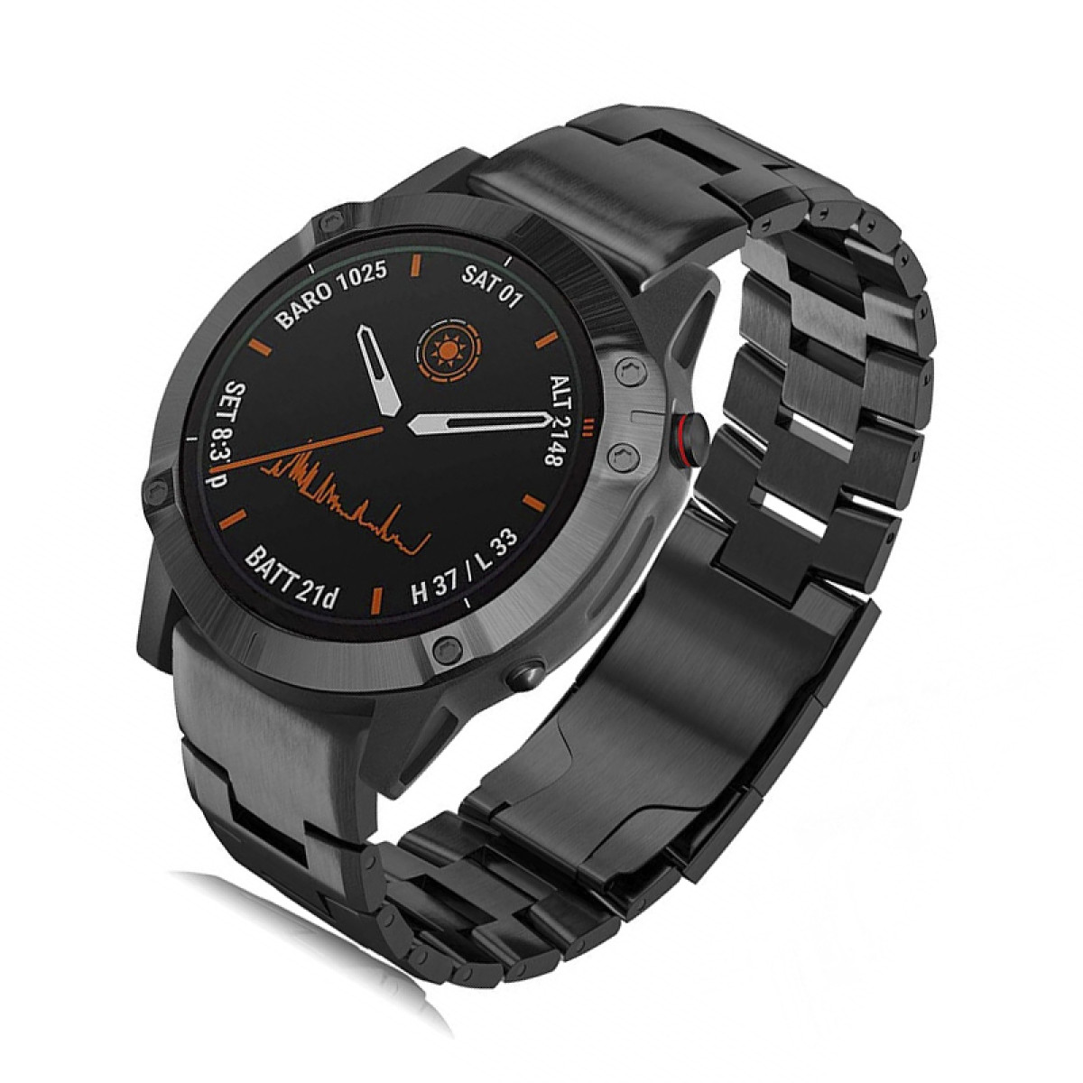 Schwarze Smartwatch mit Metallband, zeigt Zeit und Gesundheitsmetriken auf dem Bildschirm an.