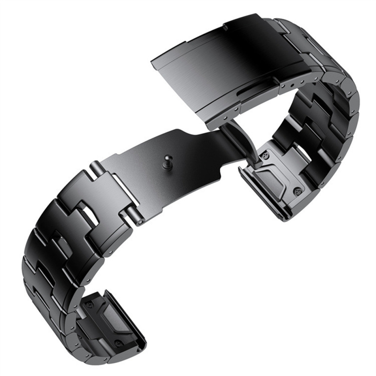 Ein schwarzes Metalluhrenarmband, geöffnet und angewinkelt, zeigt die Glieder und Details des Verschlusses.