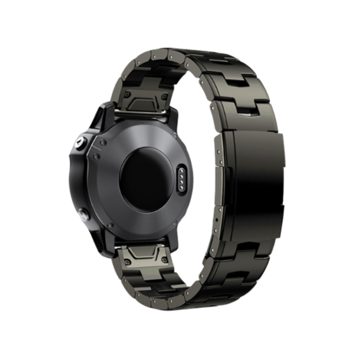 Rückansicht einer schwarzen Smartwatch mit schwarzem Metallarmband.