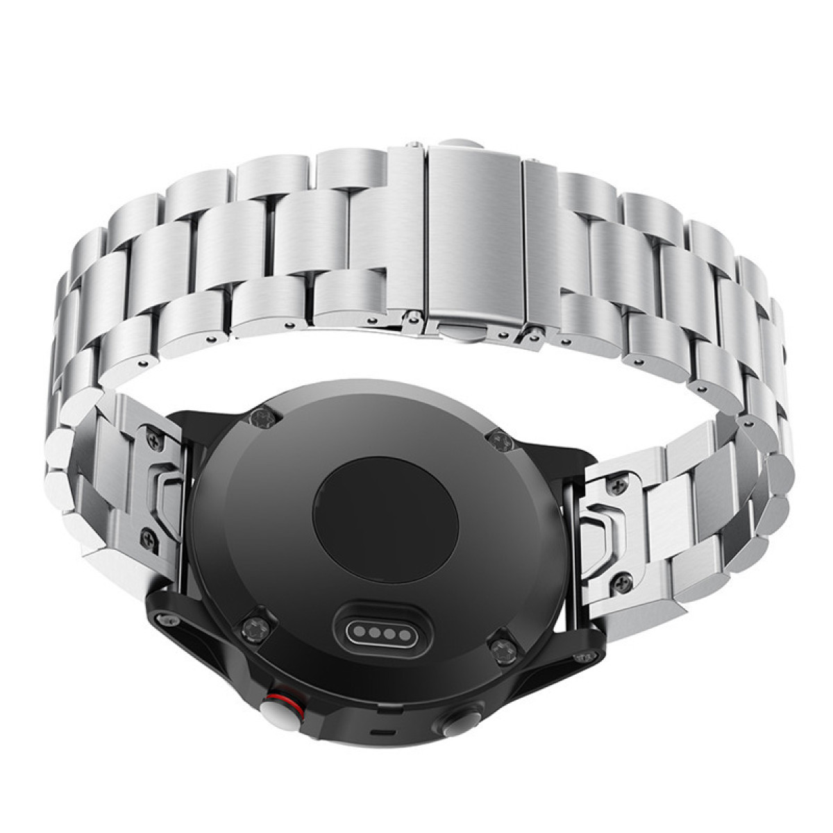 Uhr mit silbernem Armband. Die Rückseite der Uhr ist sichtbar. Die Uhr hat ein schwarzes Zifferblatt.