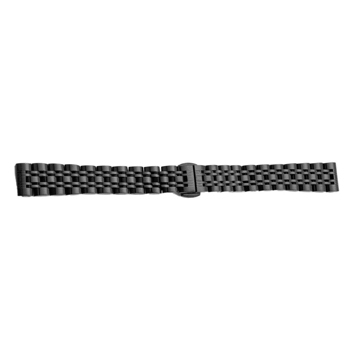 Schwarzes Uhrenarmband aus verbundenen Metallteilen. Es ist glänzend, dunkel.