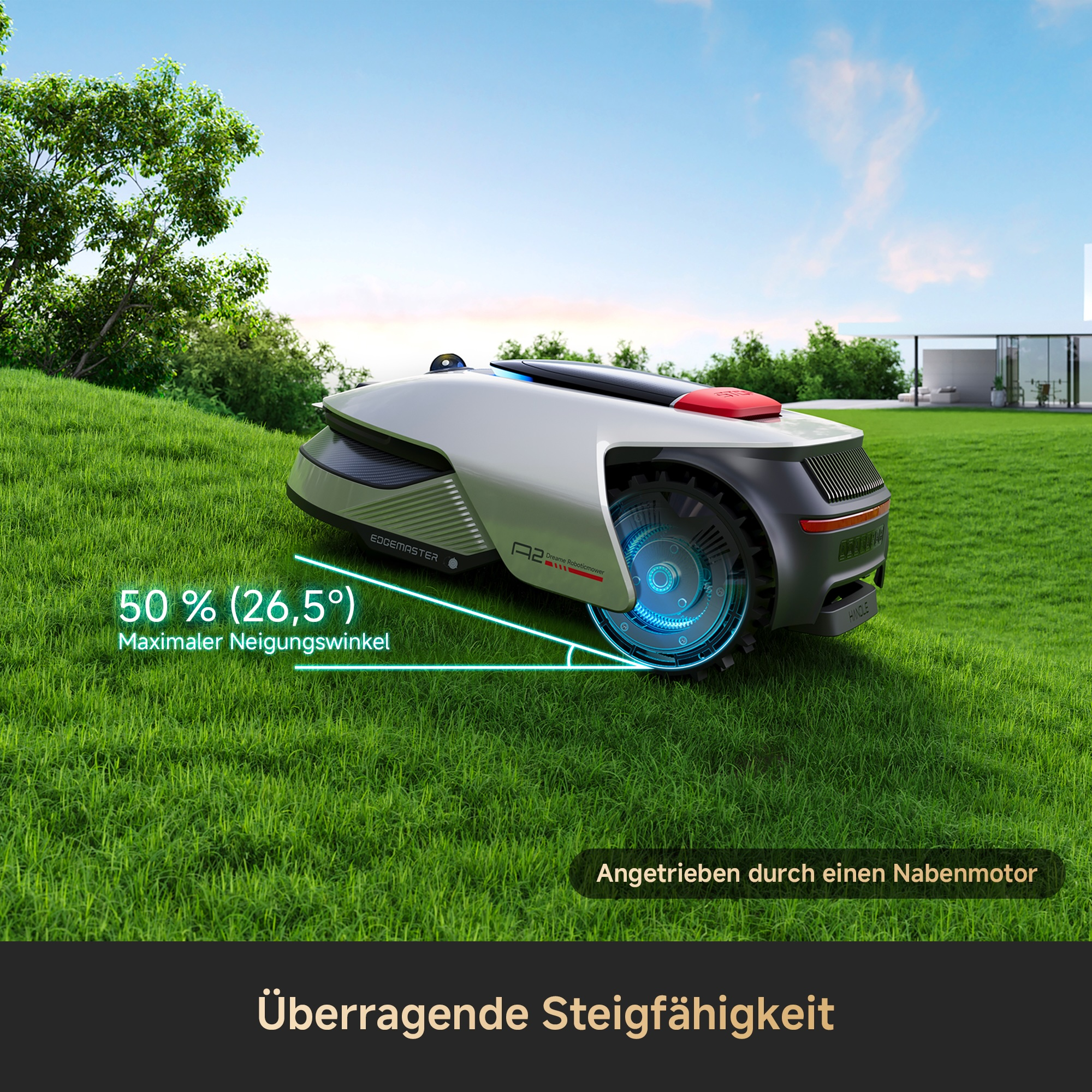 Ein Roboter-Rasenmäher auf einem grünen Rasen mit Text und blauem Himmel. Text zeigt einen Neigungswinkel von 50%.