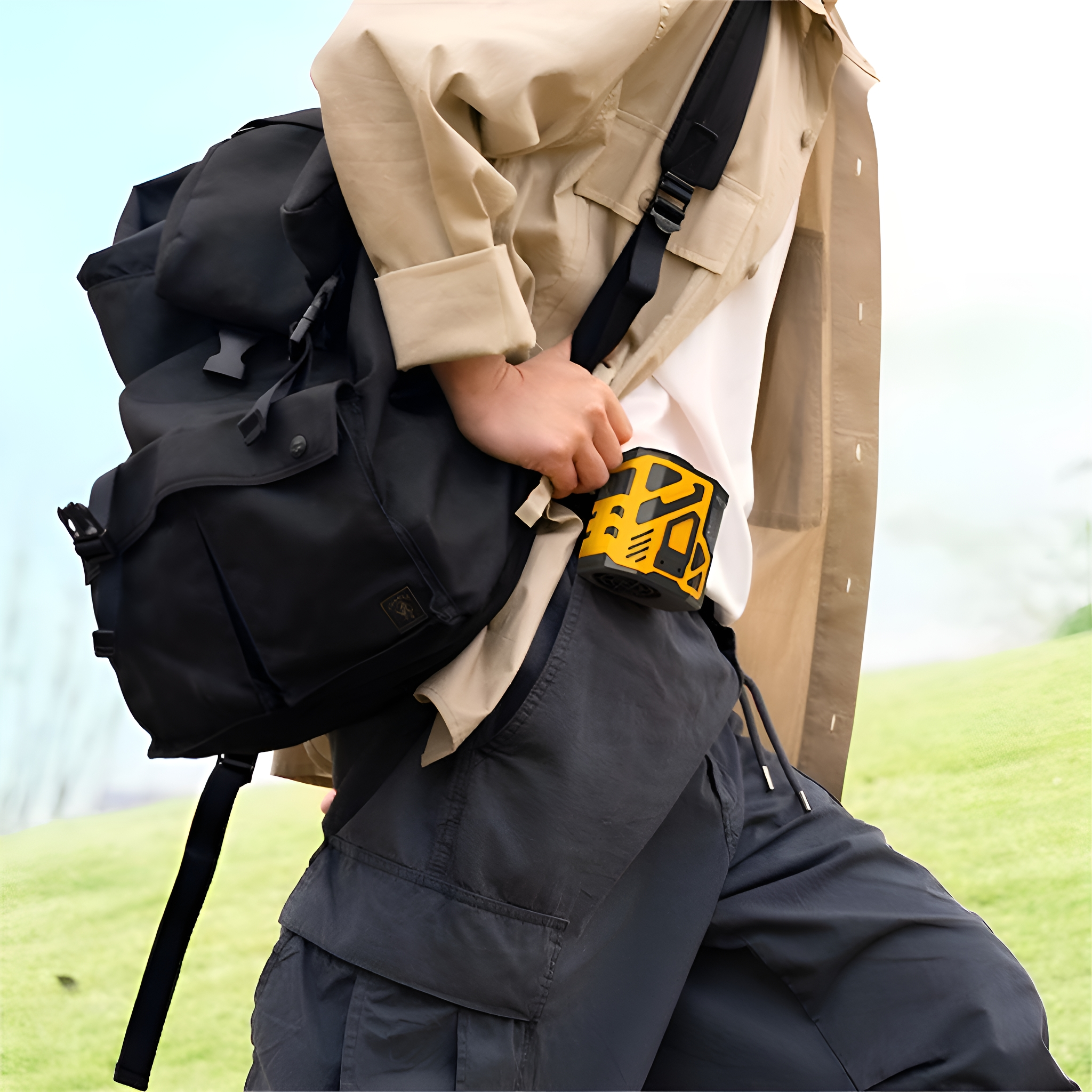 Eine Person mit Rucksack und einem gelb-schwarzen Gerät hält einen schwarzen Rucksack.