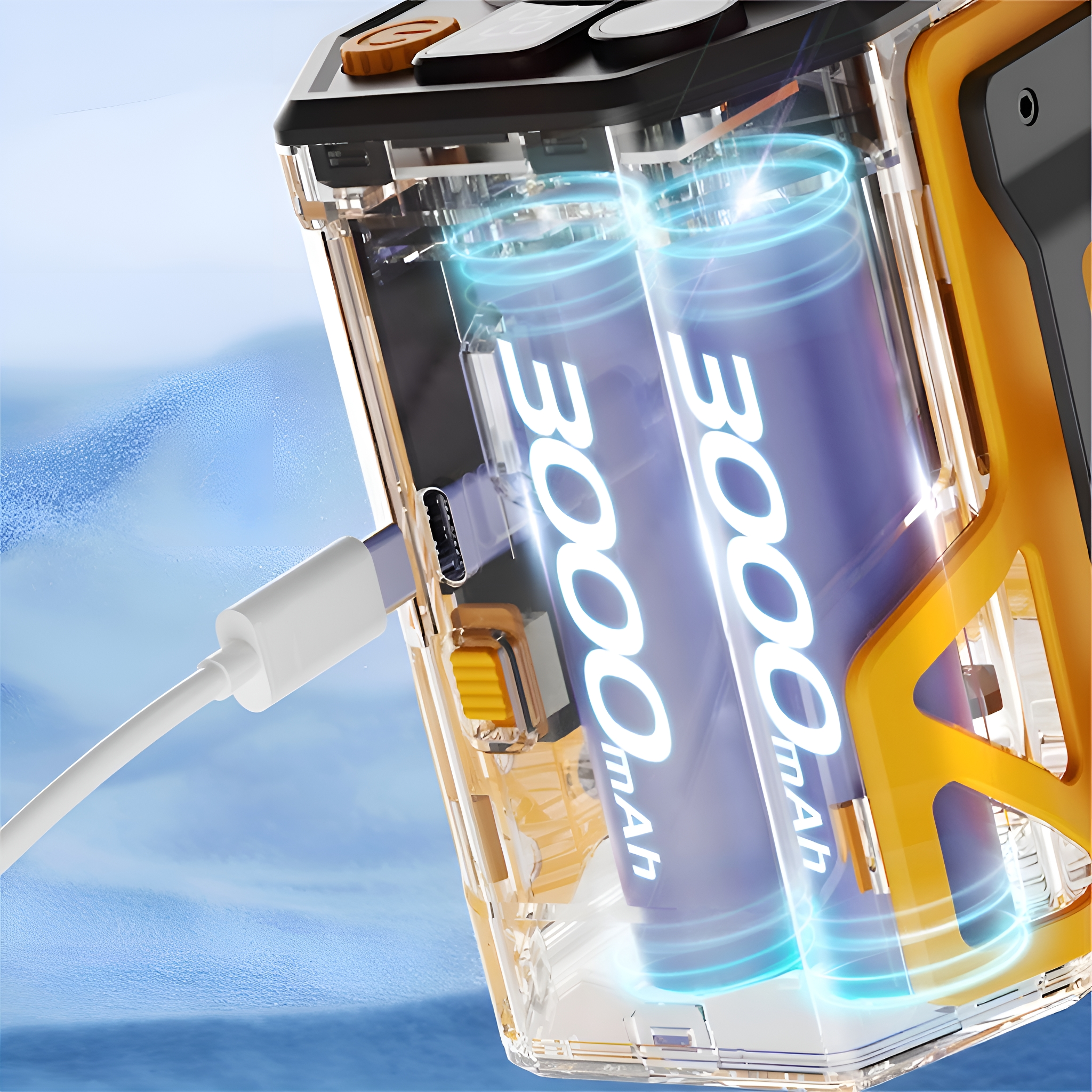 Ein transparentes Gerät mit zwei Batterien. Die Batterien sind blau mit 3000 mAh-Etiketten.