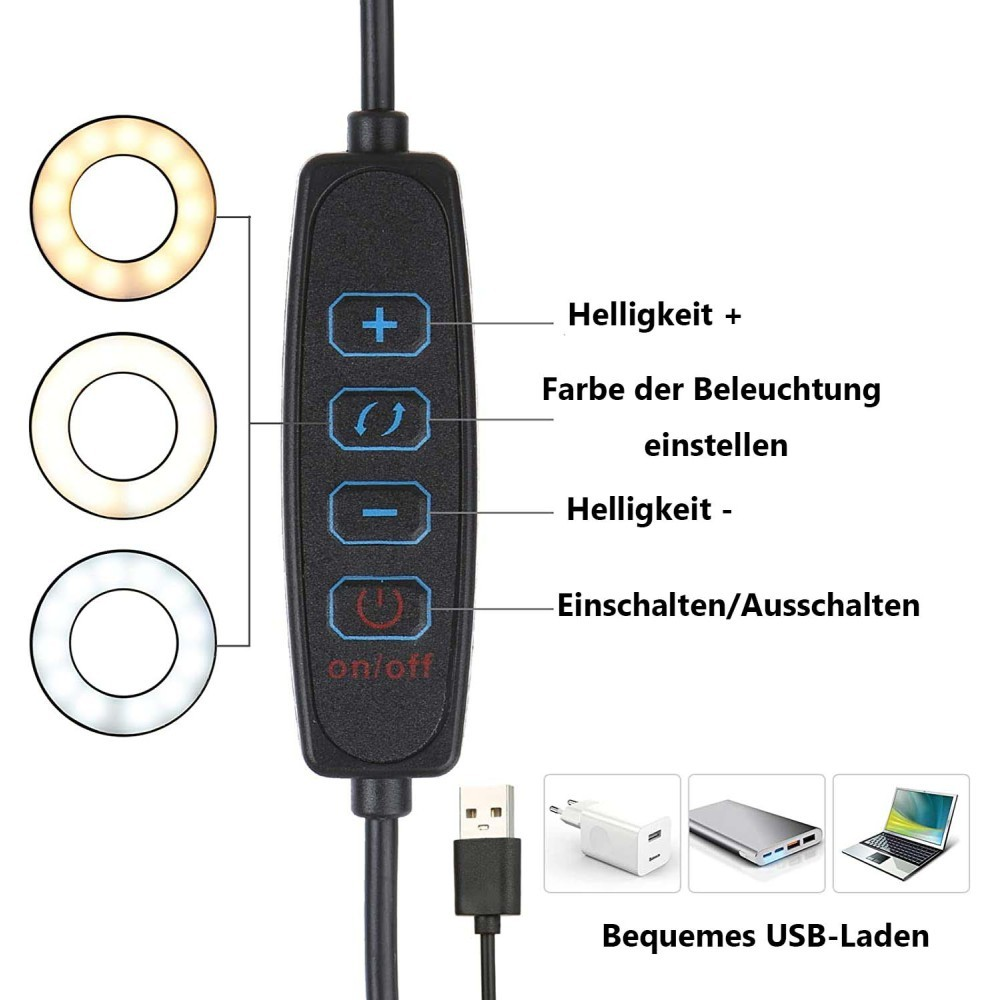 Ringlicht mit Steuertasten für Helligkeit, Farbe und Ein/Aus. USB-Ladeoptionen werden ebenfalls angezeigt.