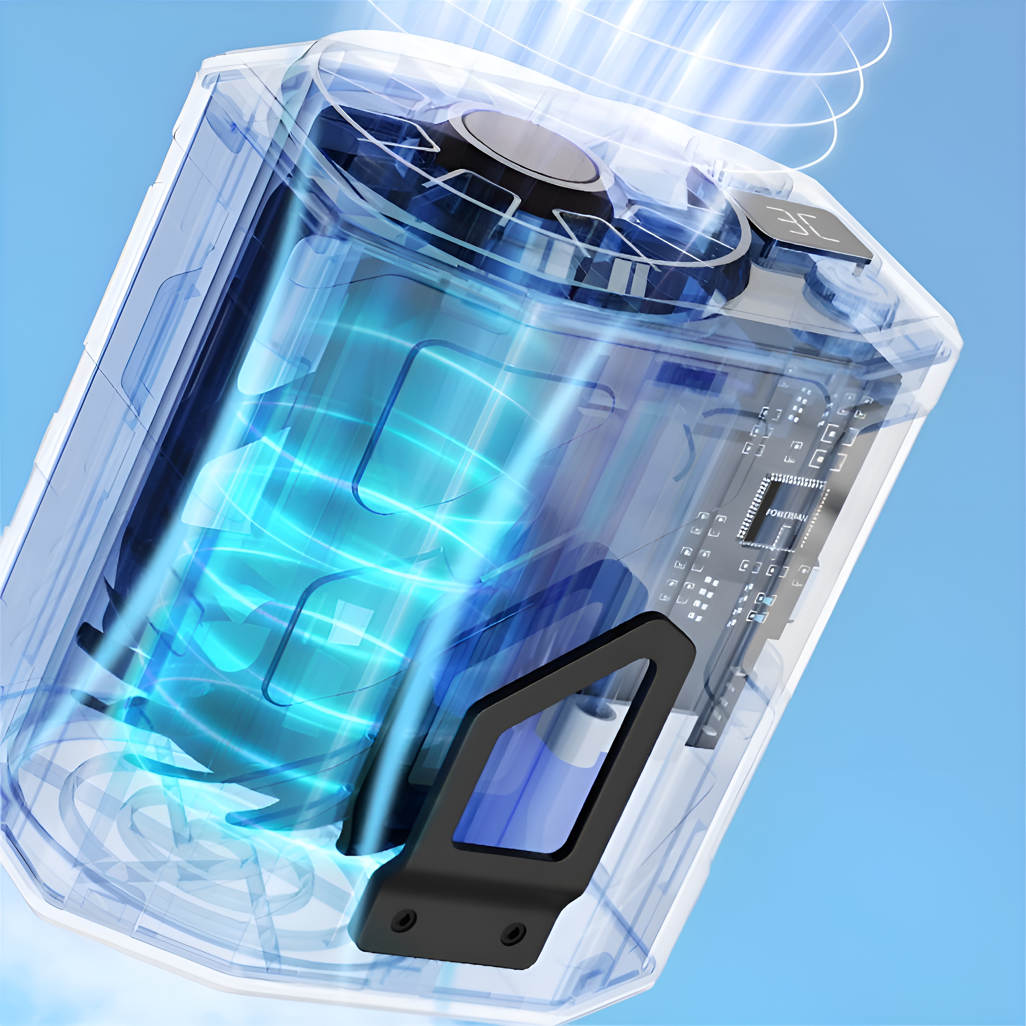 Ein transparentes, futuristisches Gerät mit blau leuchtendem Kern, vor hellblauem Hintergrund.