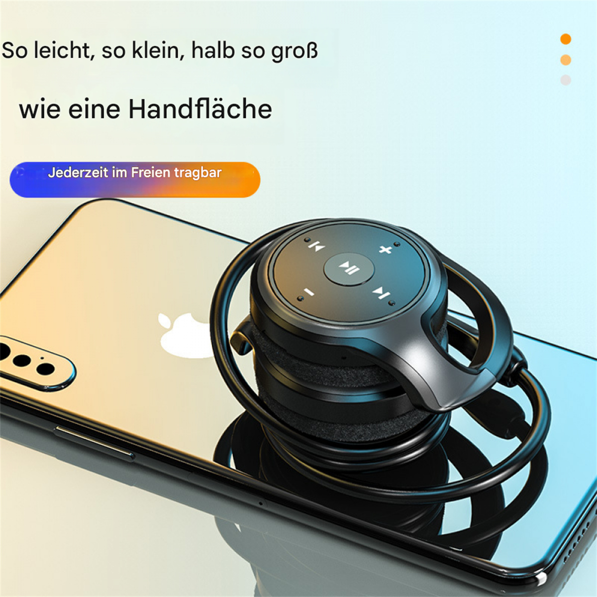 Schwarzer Ohrhörer mit Nackenband auf einem Telefon. Text: 'Jederzeit tragbar'.