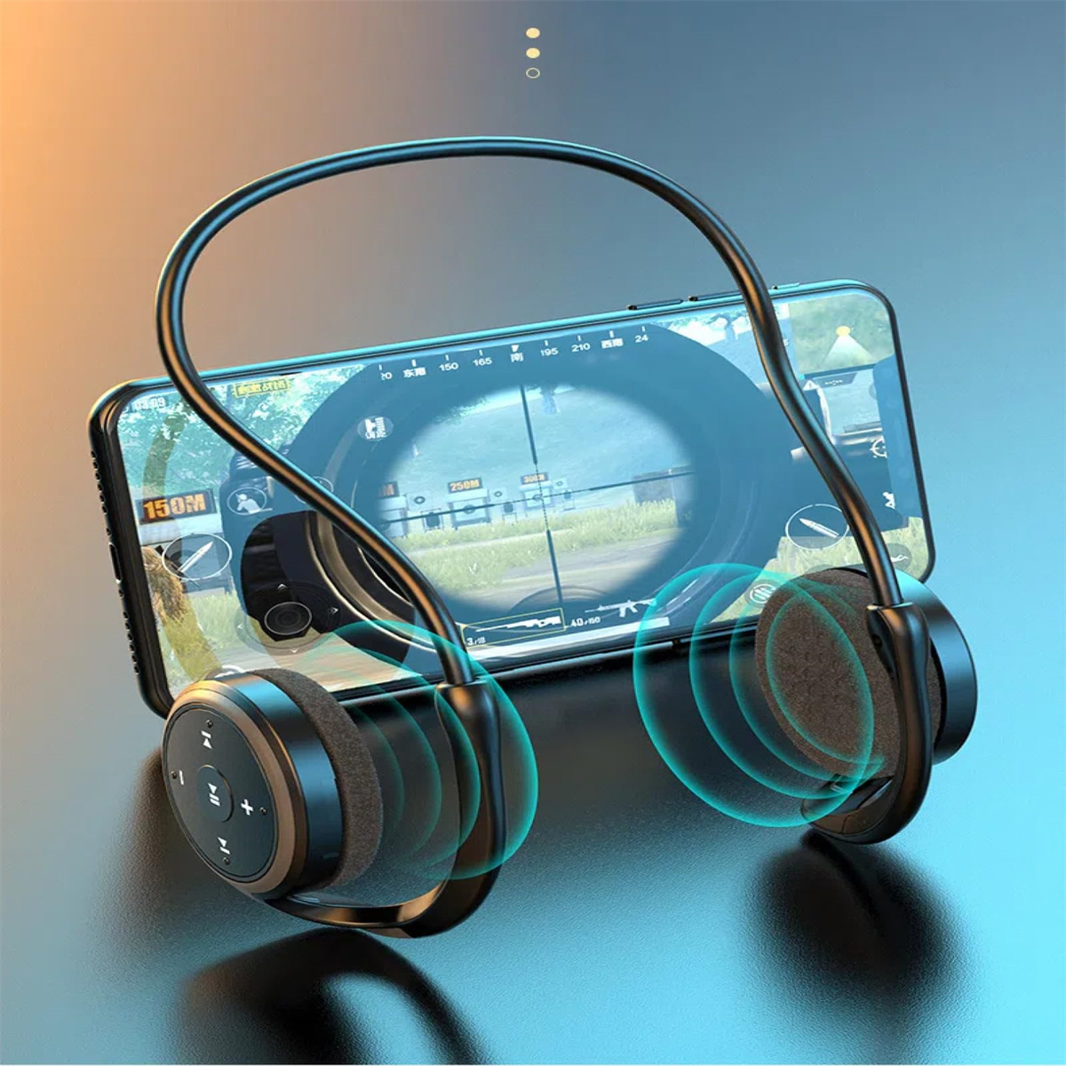 Kopfhörer hinter einem Telefon, das die Ansicht eines Spiels zeigt. Blaue Schallwellen sind zu sehen.