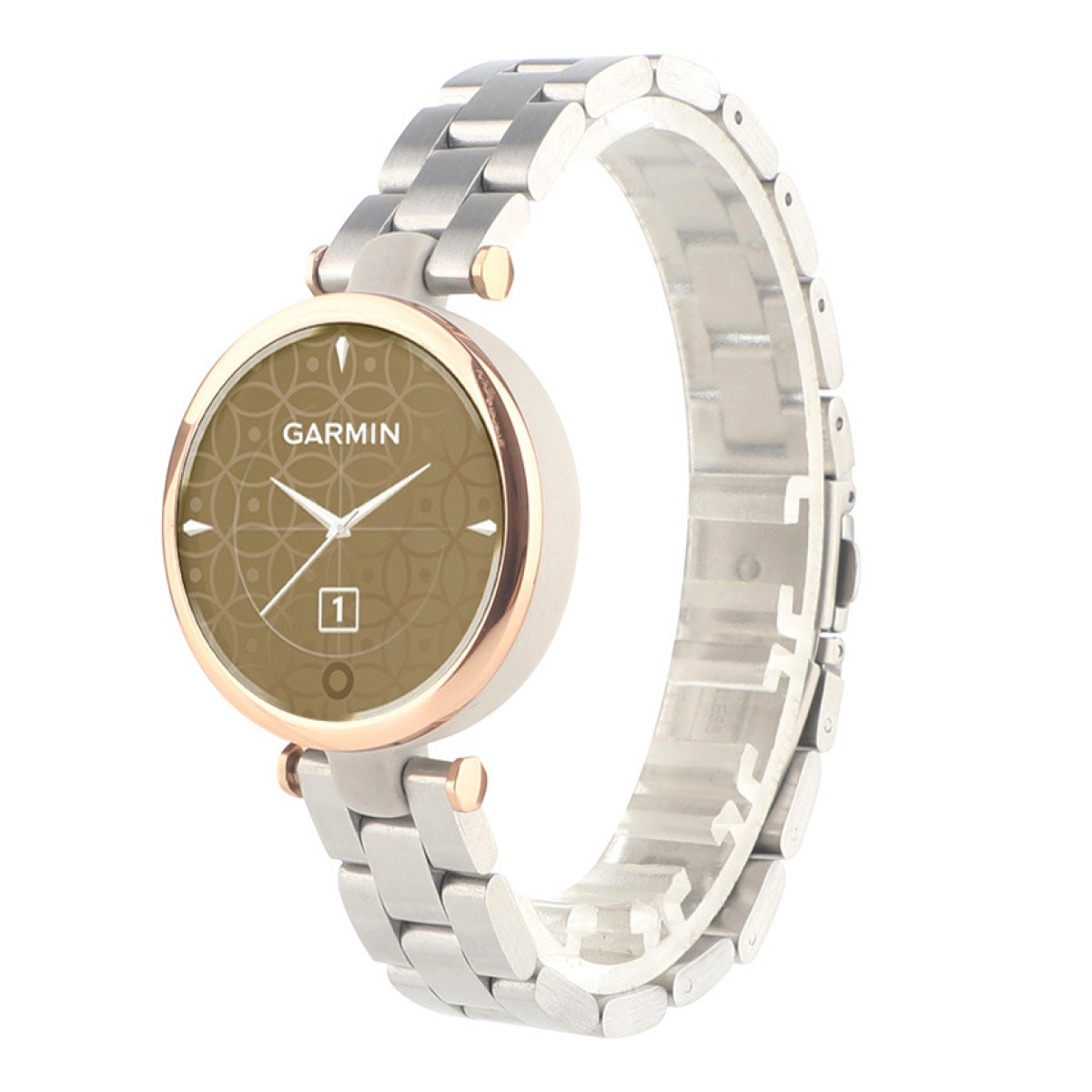 Garmin Smartwatch mit silbernem Armband, braunem Zifferblatt und roségoldfarbener Einfassung. Weißer Hintergrund.