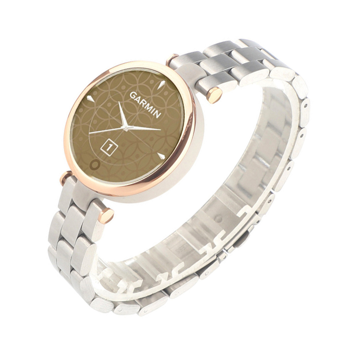 Garmin-Uhr mit braunem Zifferblatt, silbernem Armband und goldenen Akzenten auf weißem Hintergrund.