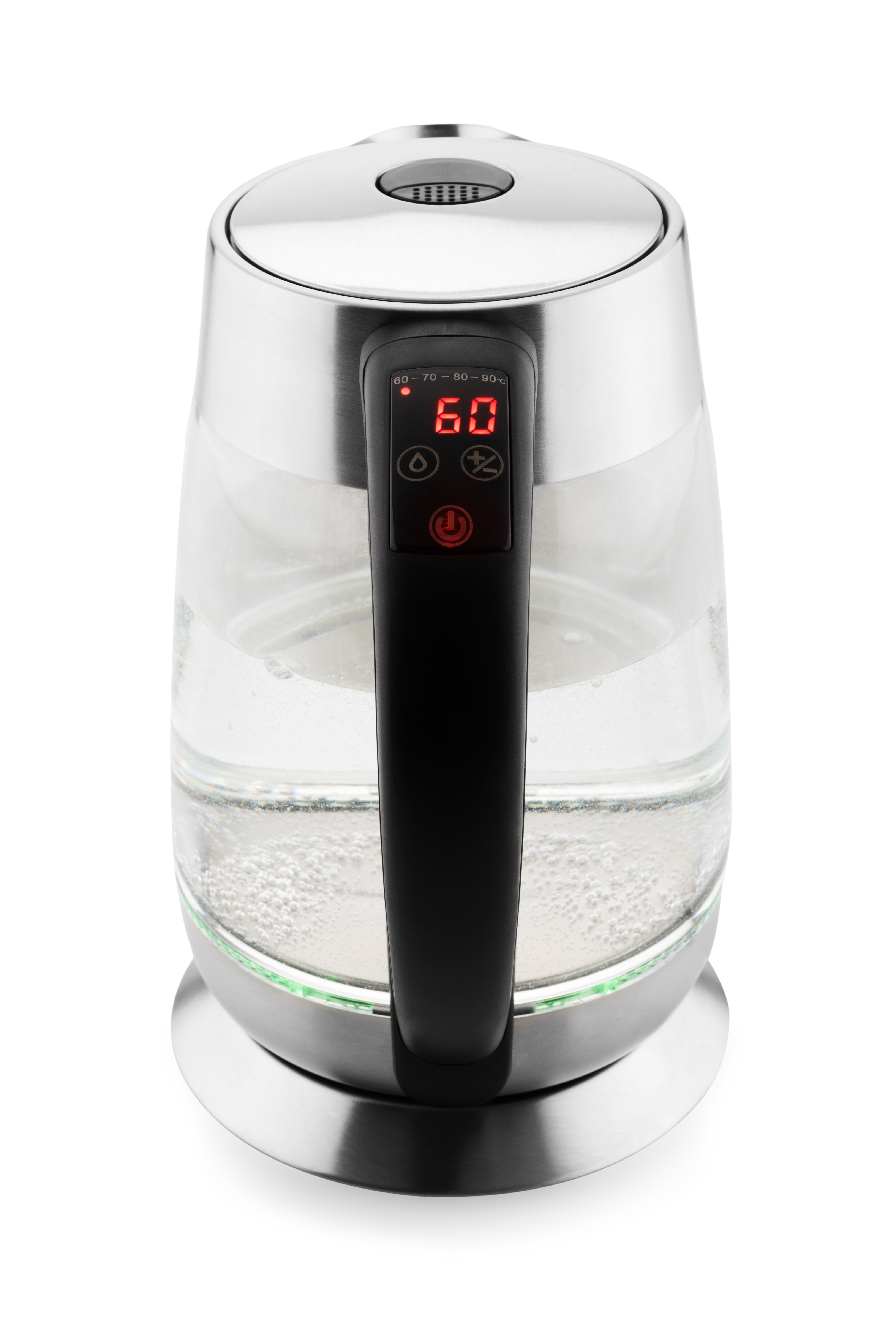 Ein klarer elektrischer Glaskessel mit schwarzem Griff, Digitalanzeige zeigt 60 Grad Celsius, Wasser innen.