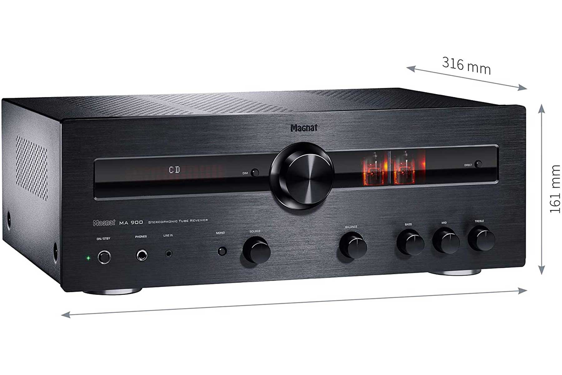 Schwarzer Magnat MA 900 Stereo-Verstärker mit angegebenen Abmessungen, der den Betrachter anblickt.