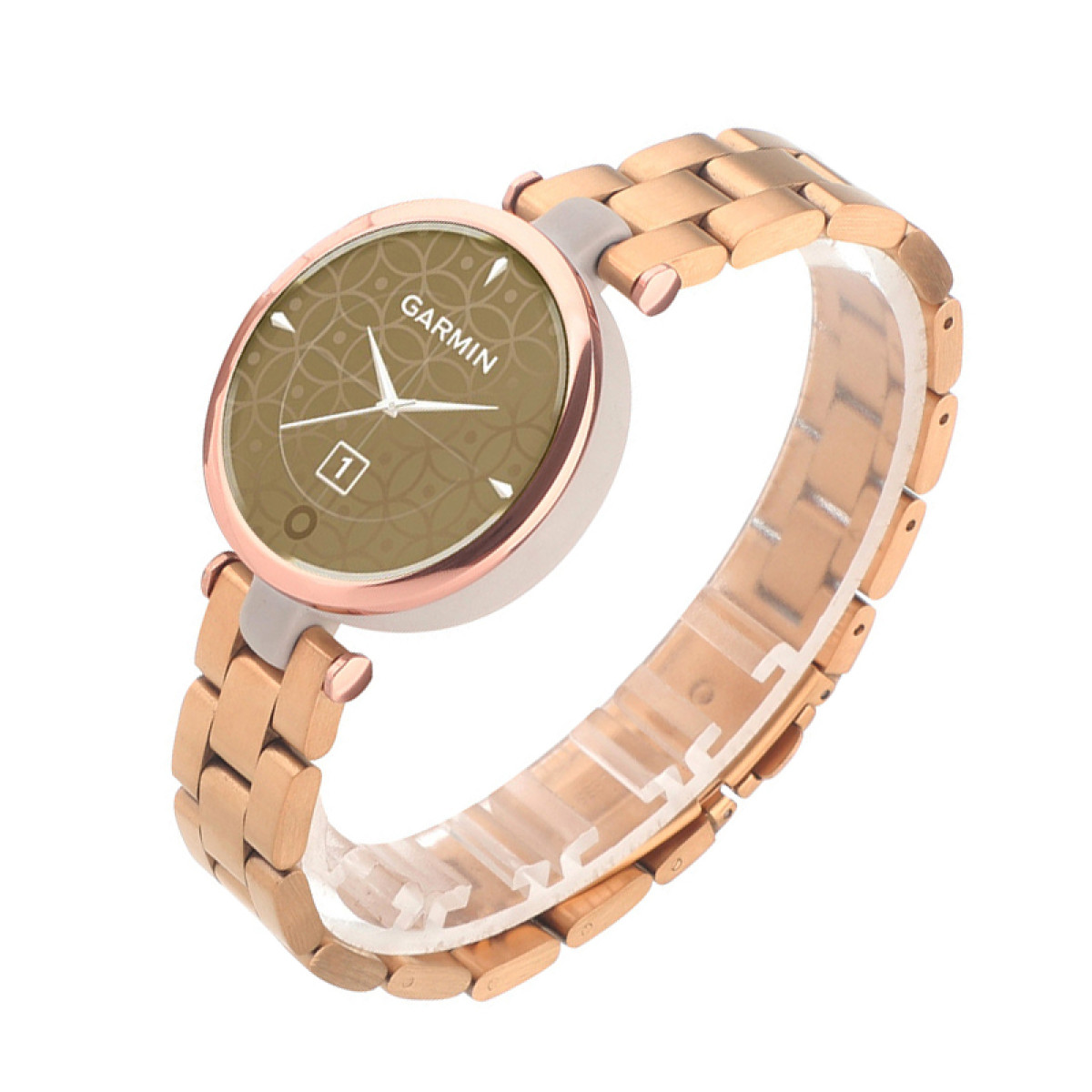 Goldene Uhr mit braunem Zifferblatt und goldenem Armband. Die Uhr ist auf weißem Hintergrund.