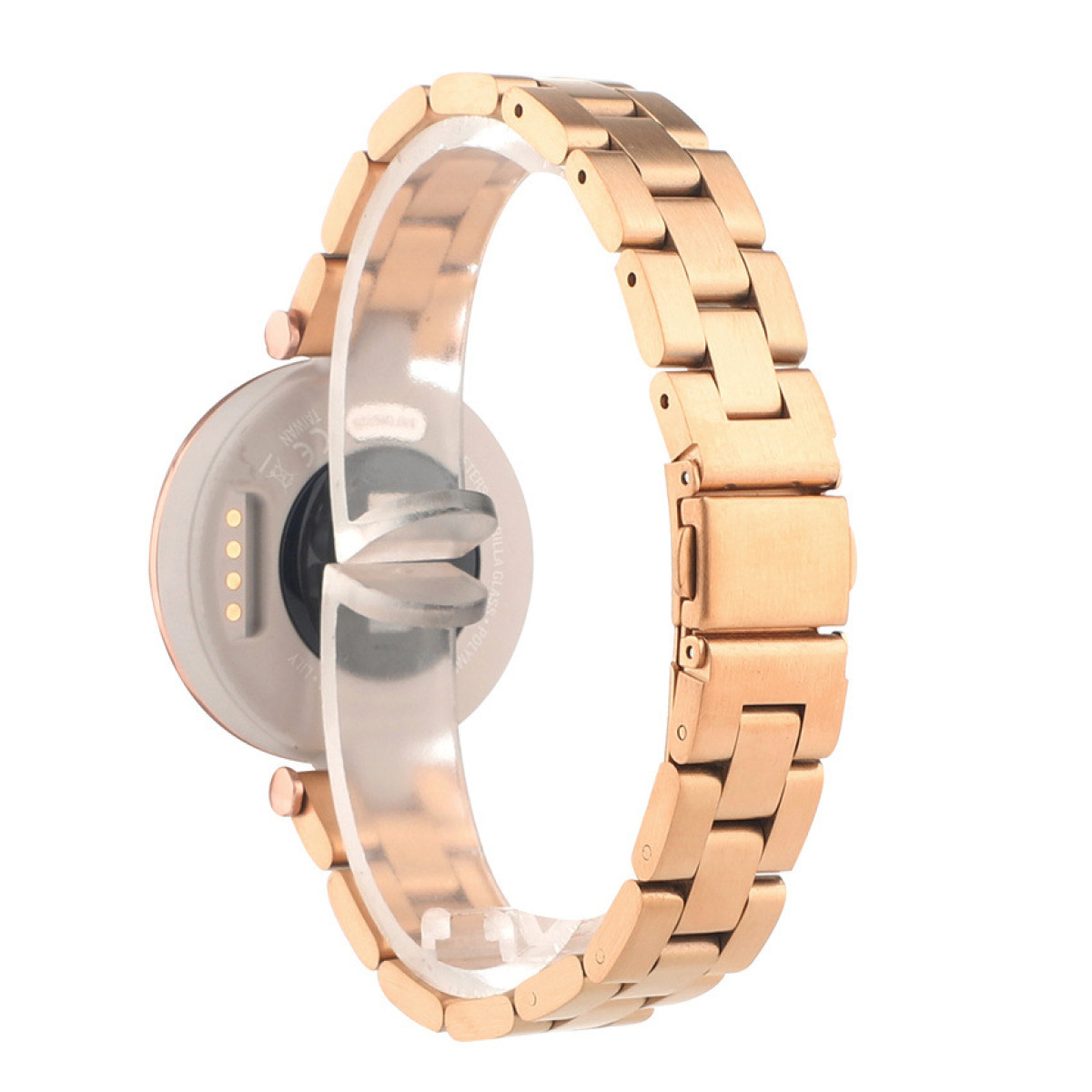 Roségoldene Smartwatch mit roségoldenem Armband, auf einem transparenten Ständer präsentiert.