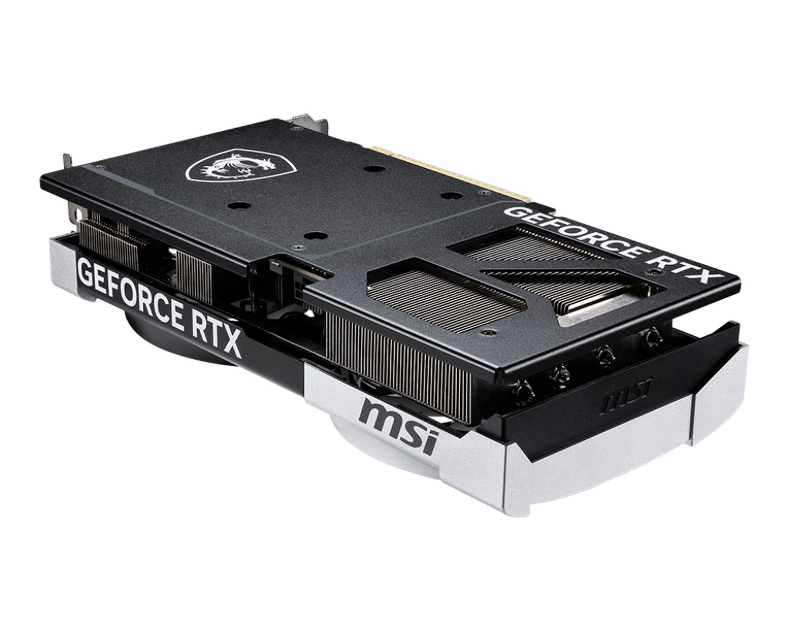 Karta graficzna MSI GeForce RTX, czarno-srebrna, widok z góry, białe tło.
