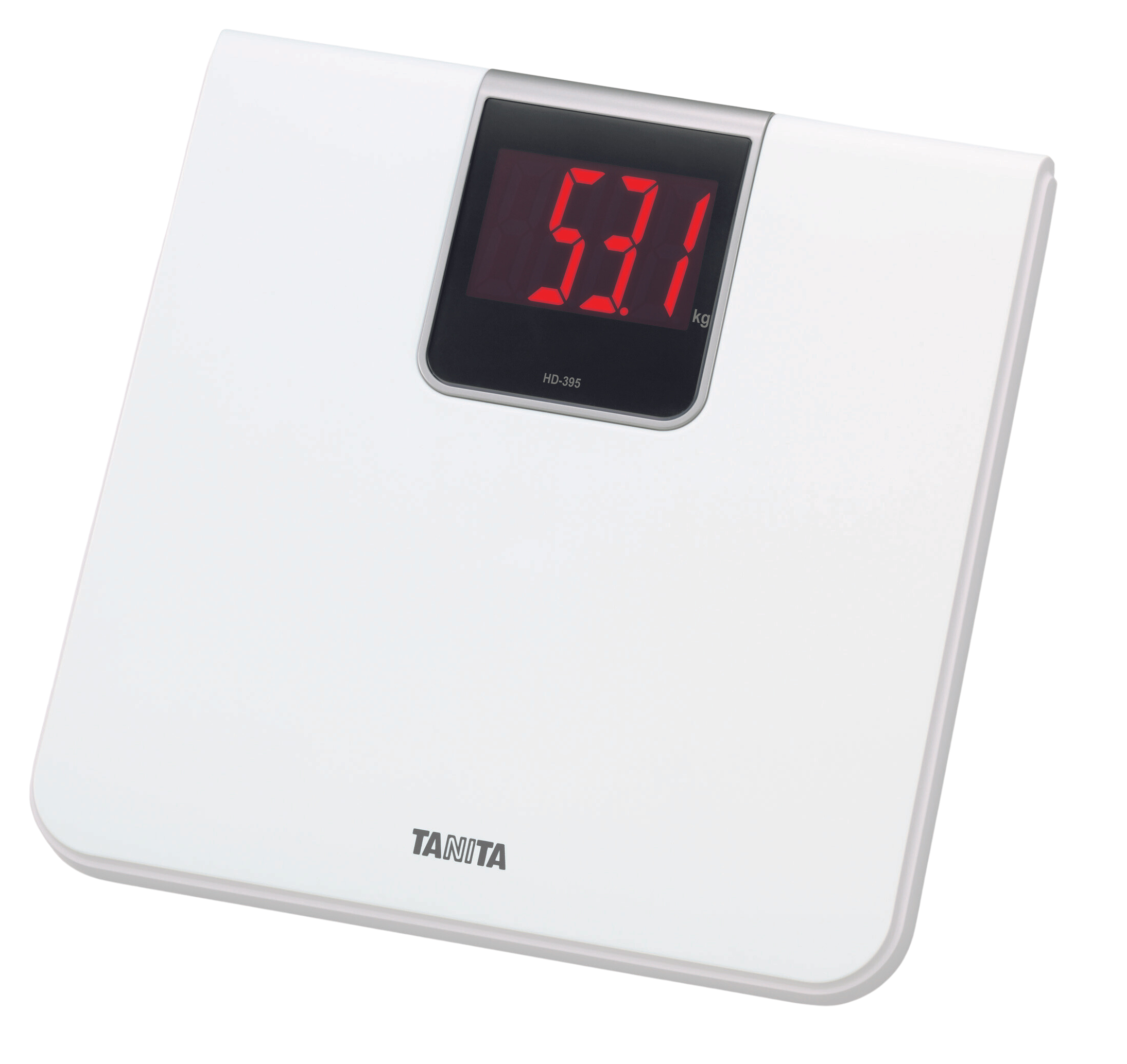Witte digitale weegschaal met 53,1 kg, zwarte achtergrond.