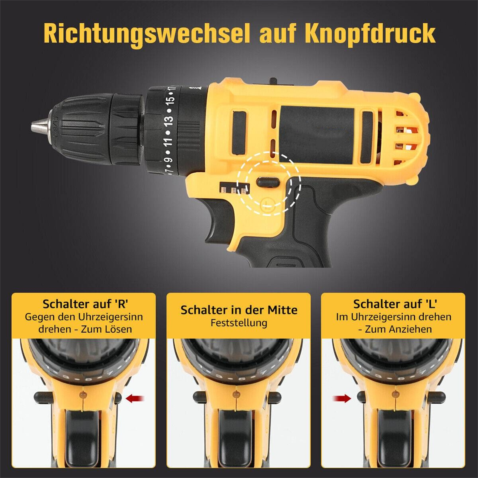 Gelber Bohrer mit Richtungsumschaltern: 'R' zum Lösen, Mitte für Fix, 'L' zum Anziehen.
