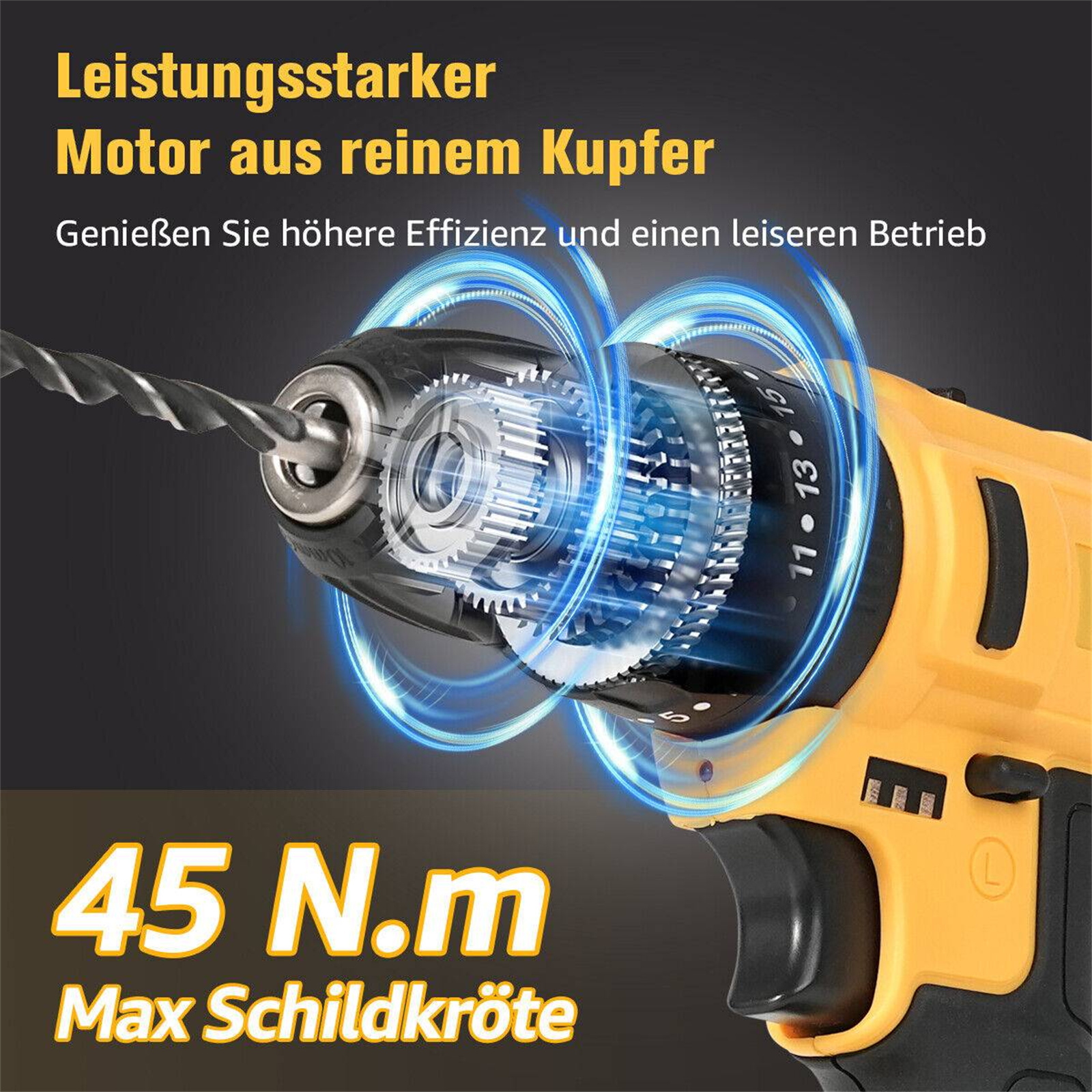 Gelb-schwarze Bohrmaschine mit Text. Sie hat einen Bohrer und ein Getriebe, das die Leistung anzeigt.