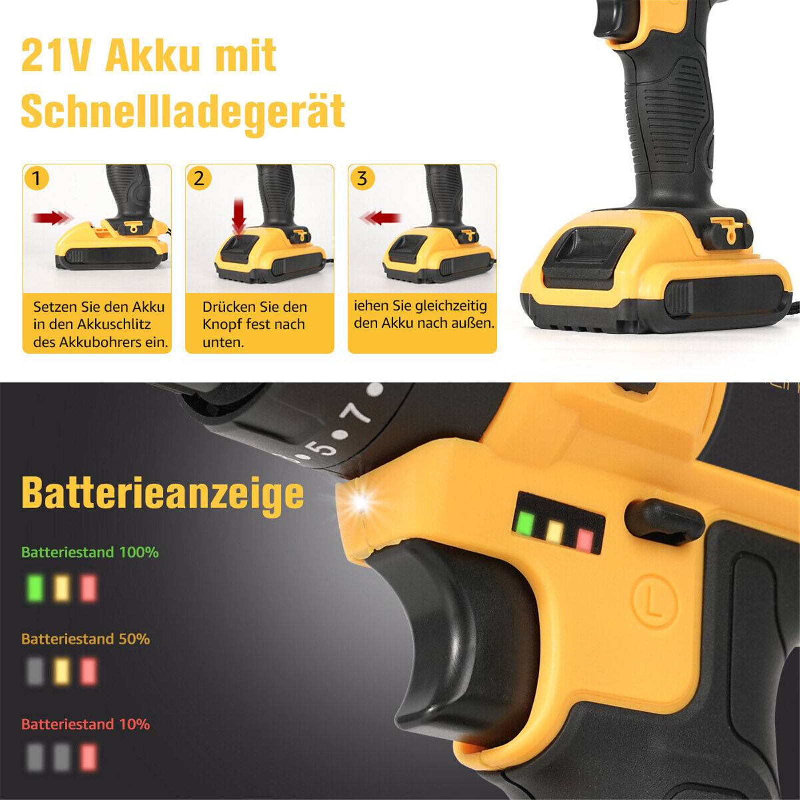 Nahaufnahme eines gelb-schwarzen Bohrers mit Anweisungen zur Installation des Akkus.