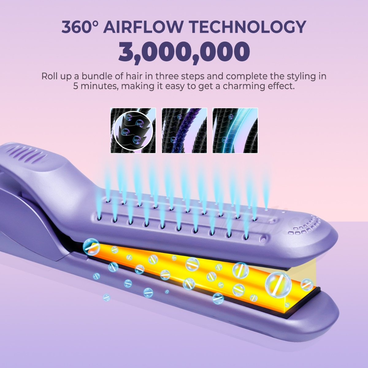 Ein lila Haarglätter mit Dampfeffekt. Text: 360° Airflow Technology, 3.000.000. Haar in drei Schritten aufrollen.