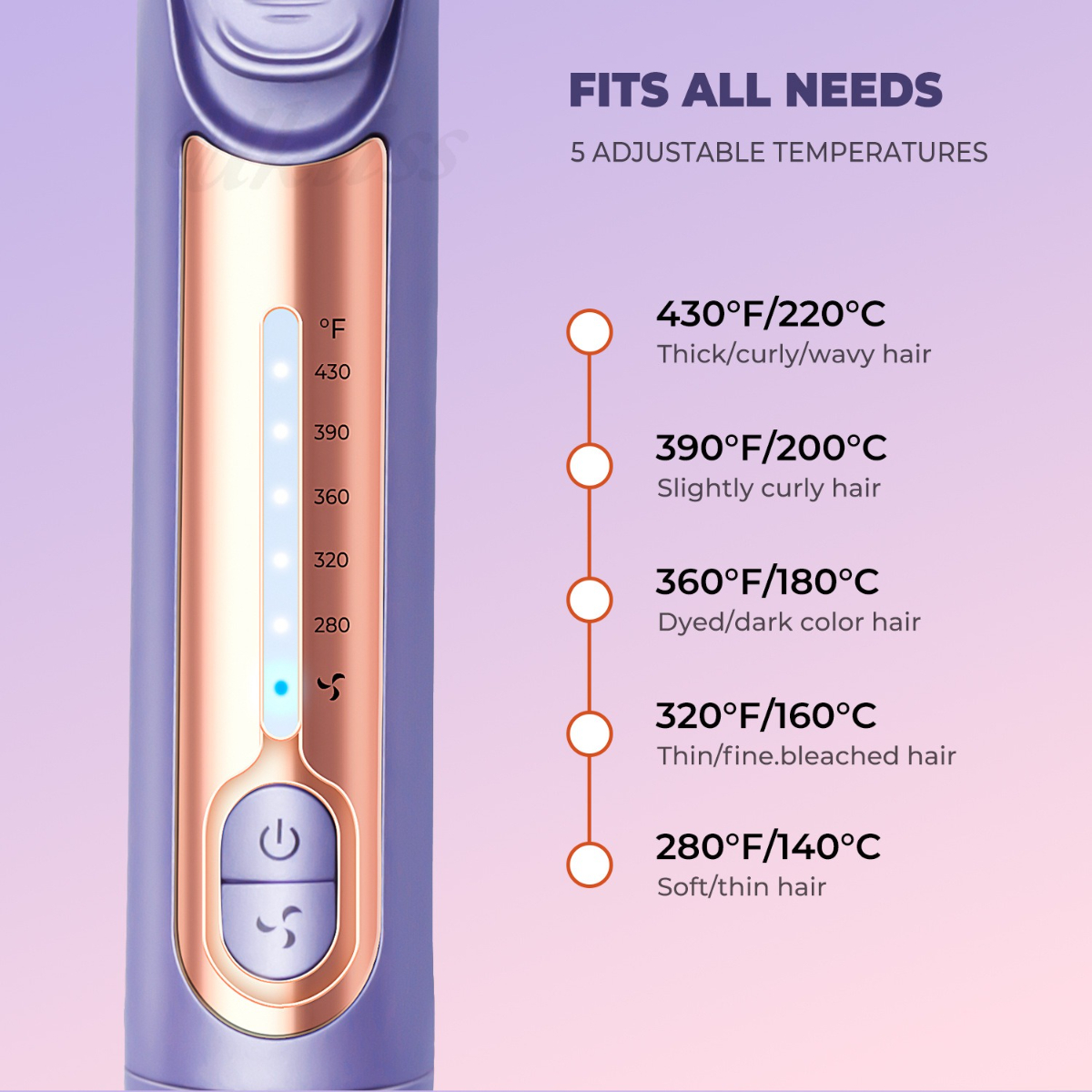 Lila Haarglätter mit Temperatureinstellungen, von 280°F bis 430°F.
