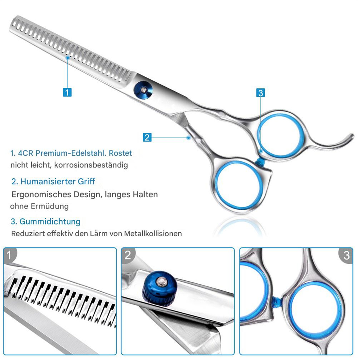 Friseurscheren mit blauen Fingerlöchern. Die Klingen sind silberfarben mit gezahnten und glatten Kanten.