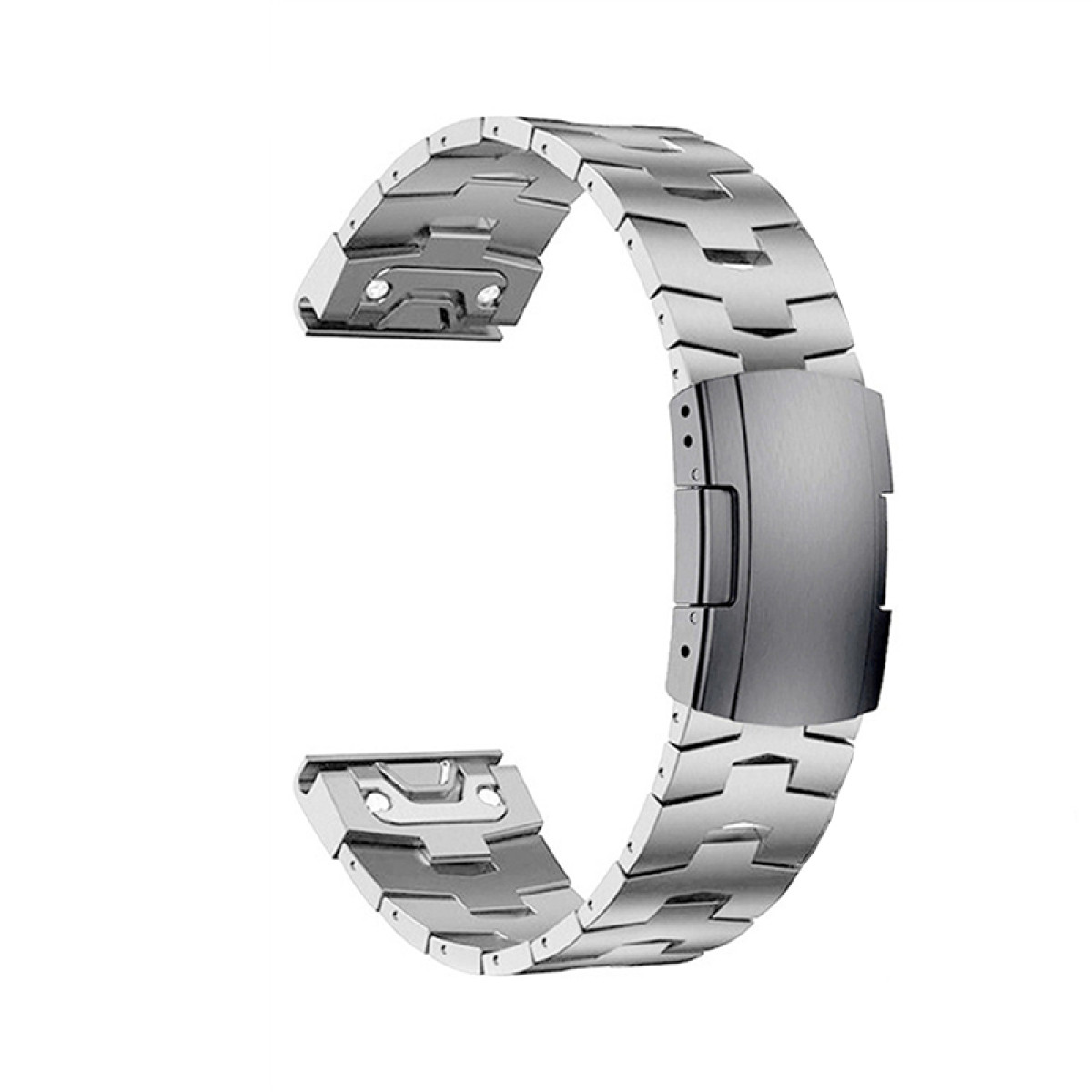 Ein silbernes Uhrenarmband aus verbundenen Metallgliedern mit einem Verschluss.