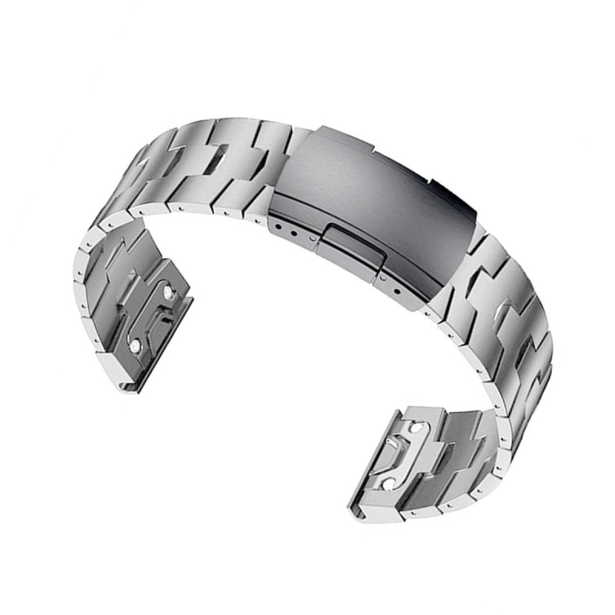 Silbernes Armband mit metallischen Gliedern. Der Verschluss ist sichtbar.