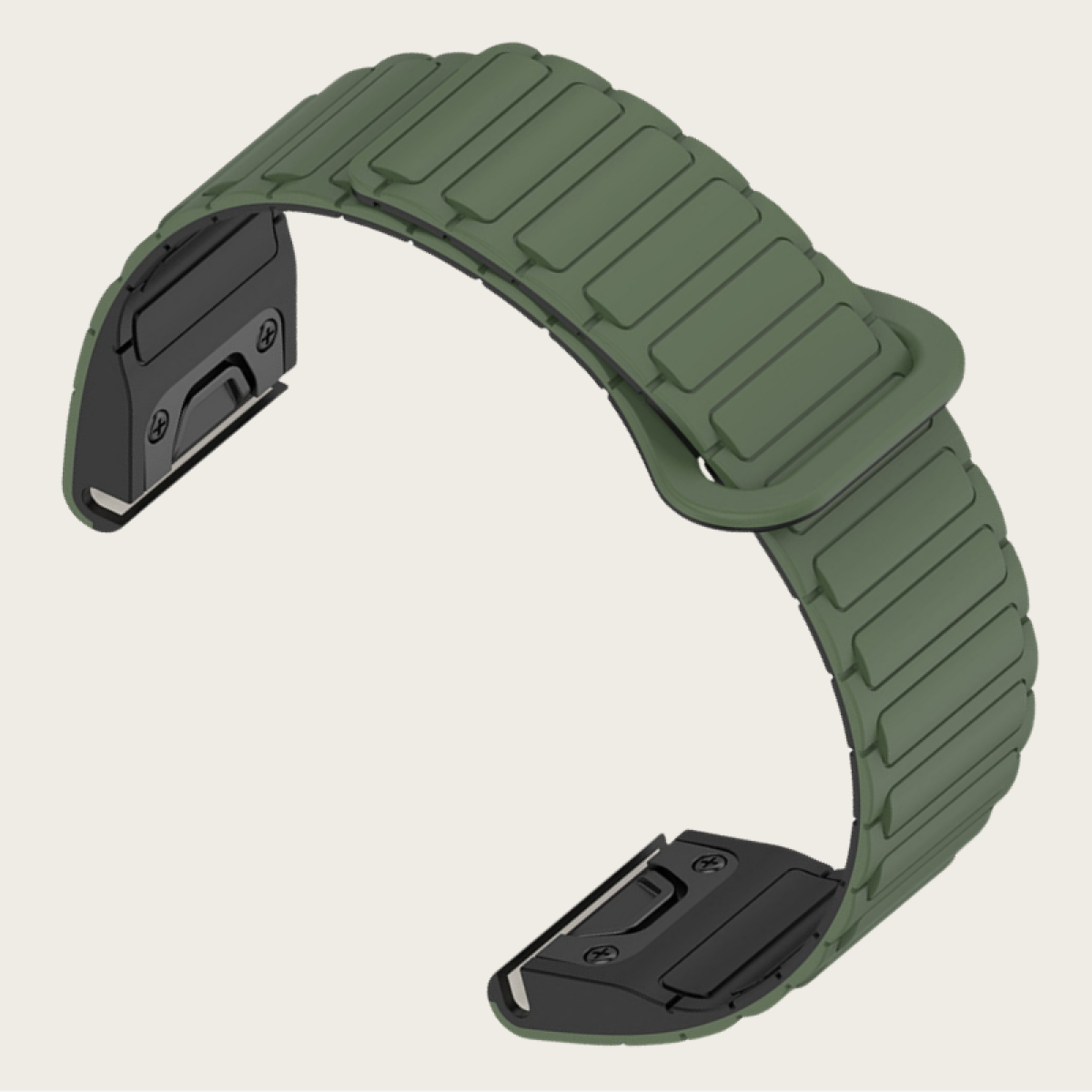 Un cinturino magnetico verde, con forma curva e pezzi di collegamento neri.