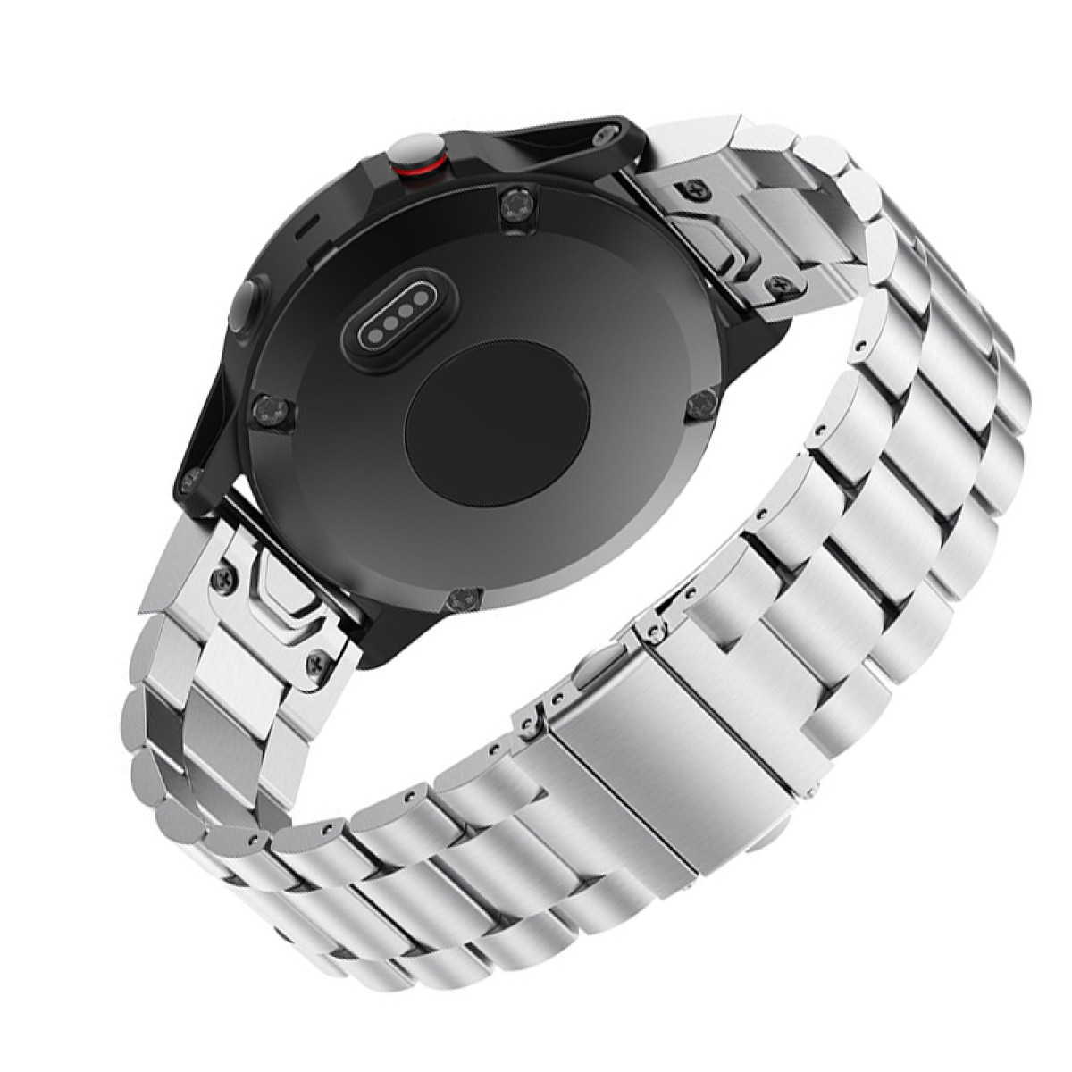 Rückseite der schwarzen Smartwatch mit Metallband, zeigt Sensoren und Ladepunkte.