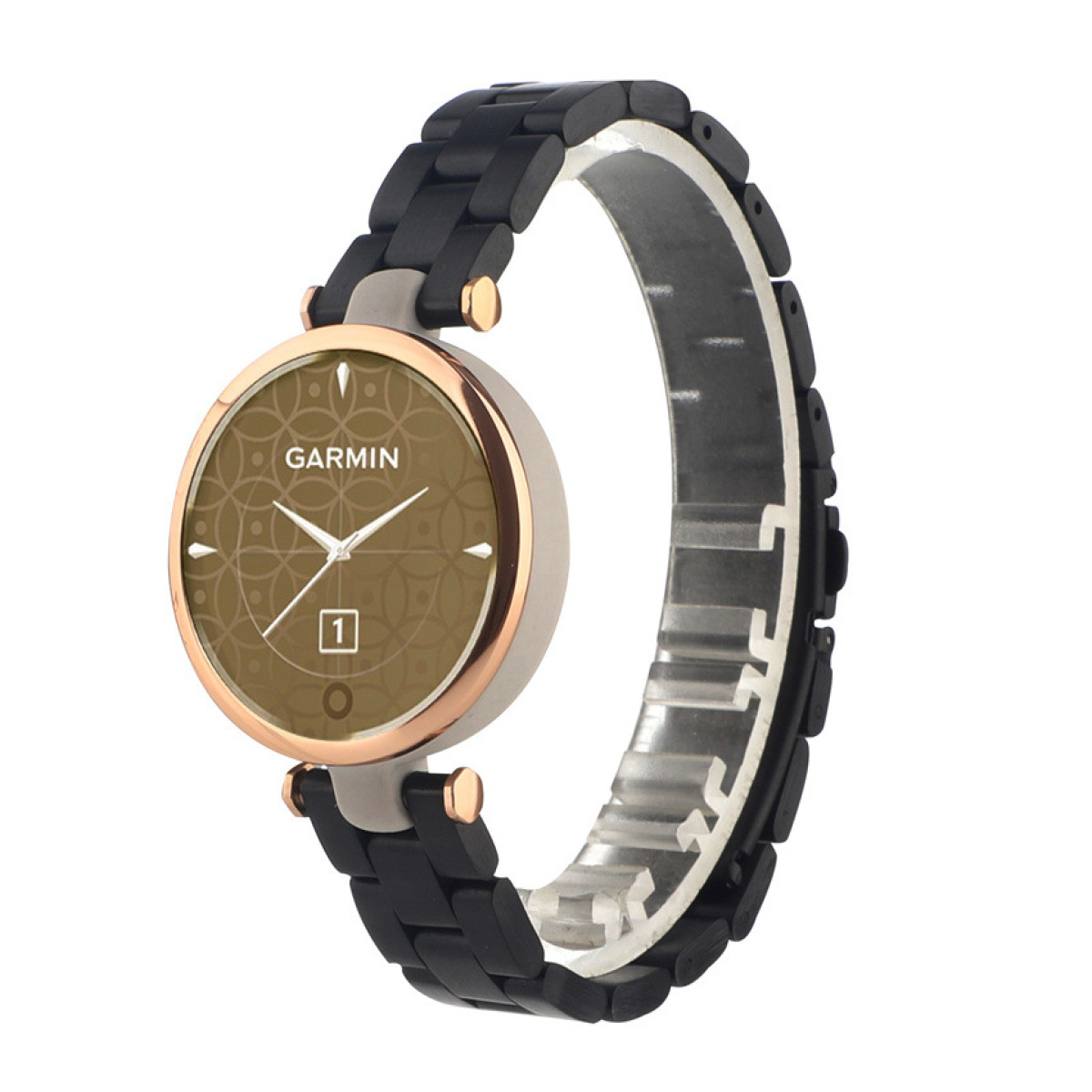 Eine braune und goldene Uhr mit schwarzem Armband auf weißem Hintergrund.