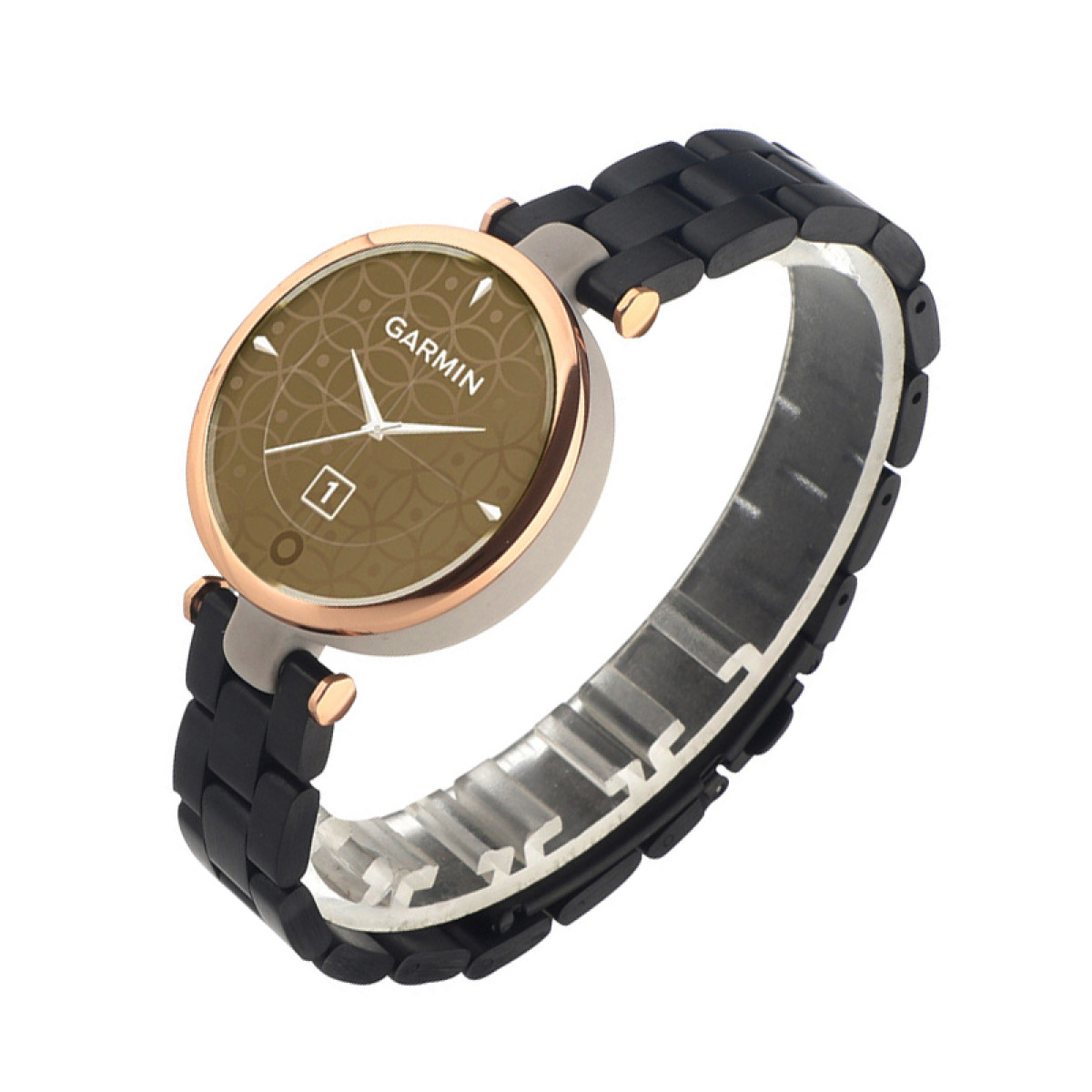 Garmin-Uhr mit braunem Zifferblatt und schwarzem Armband. Roségoldener Rand und weißer Hintergrund.