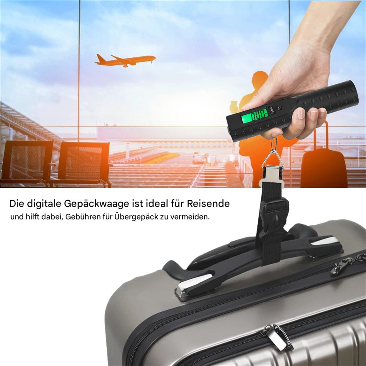 Eine Gepäckwaage, ein Koffer und ein Flugzeug im Hintergrund, an einem Flughafen.