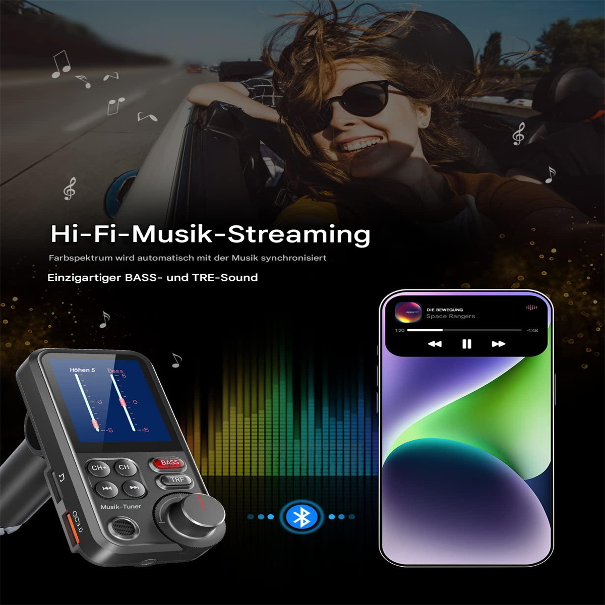 Frau fährt Auto und benutzt ein Bluetooth-Gerät. Telefonbildschirm zeigt Musiksteuerung. Bunte Grafik.