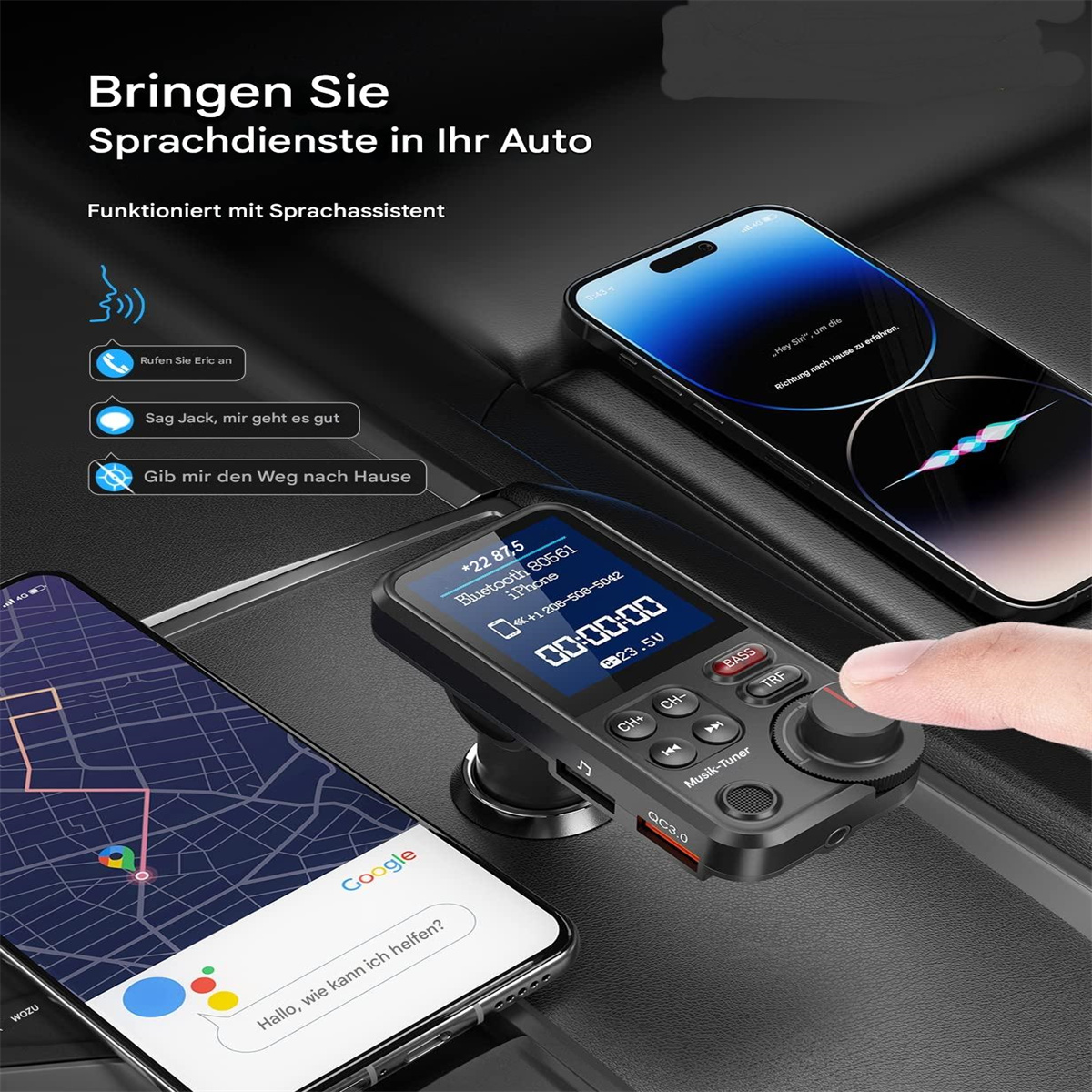 Ein Autogadget mit Bildschirm und zwei Telefonen, das Karten und Sprachassistenten-Funktionen zeigt.