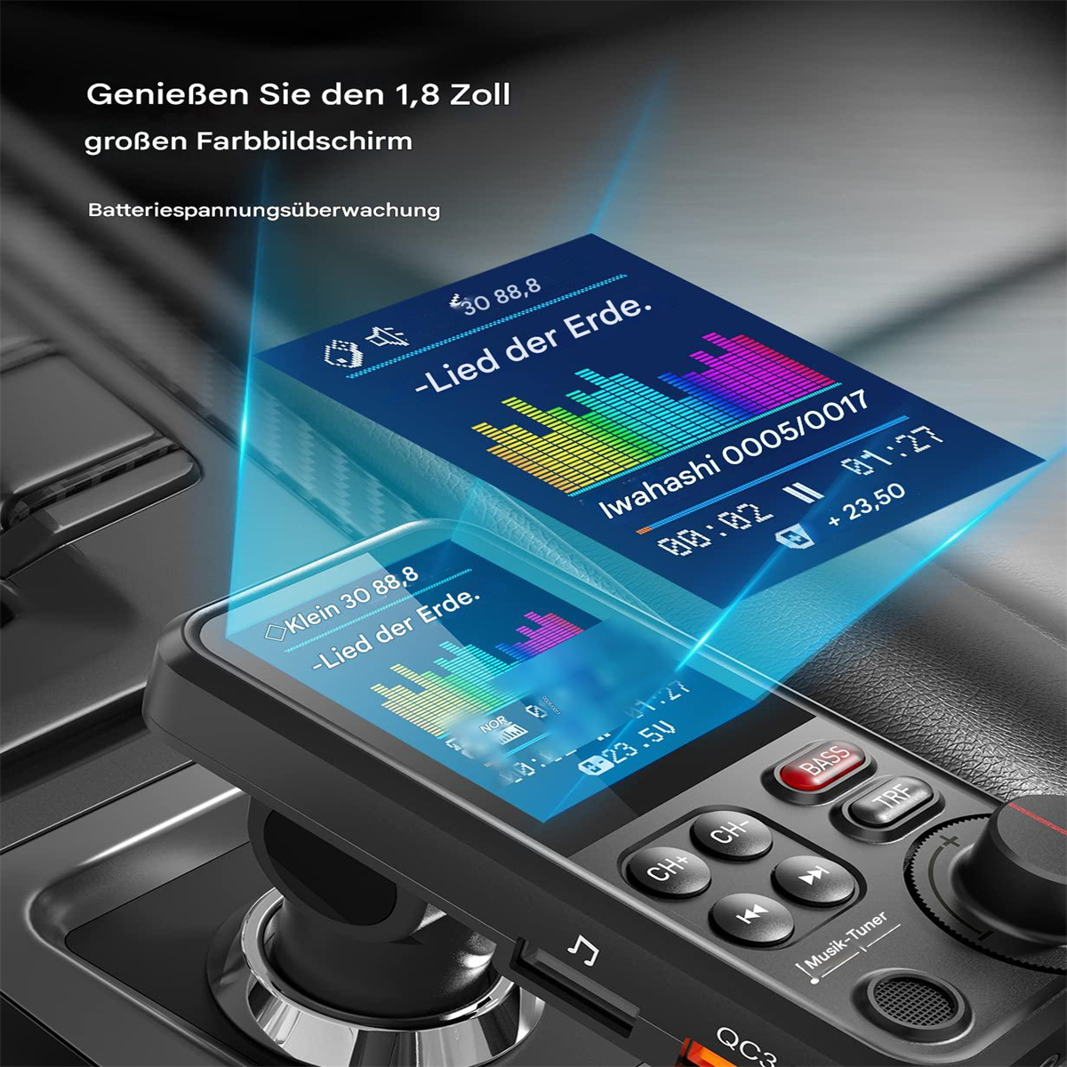 Schwarzes Auto-Audiosystem, das einen Bildschirm mit farbenfrohem Spektrum zeigt. Roter Knopf, schwarze Umrandung.