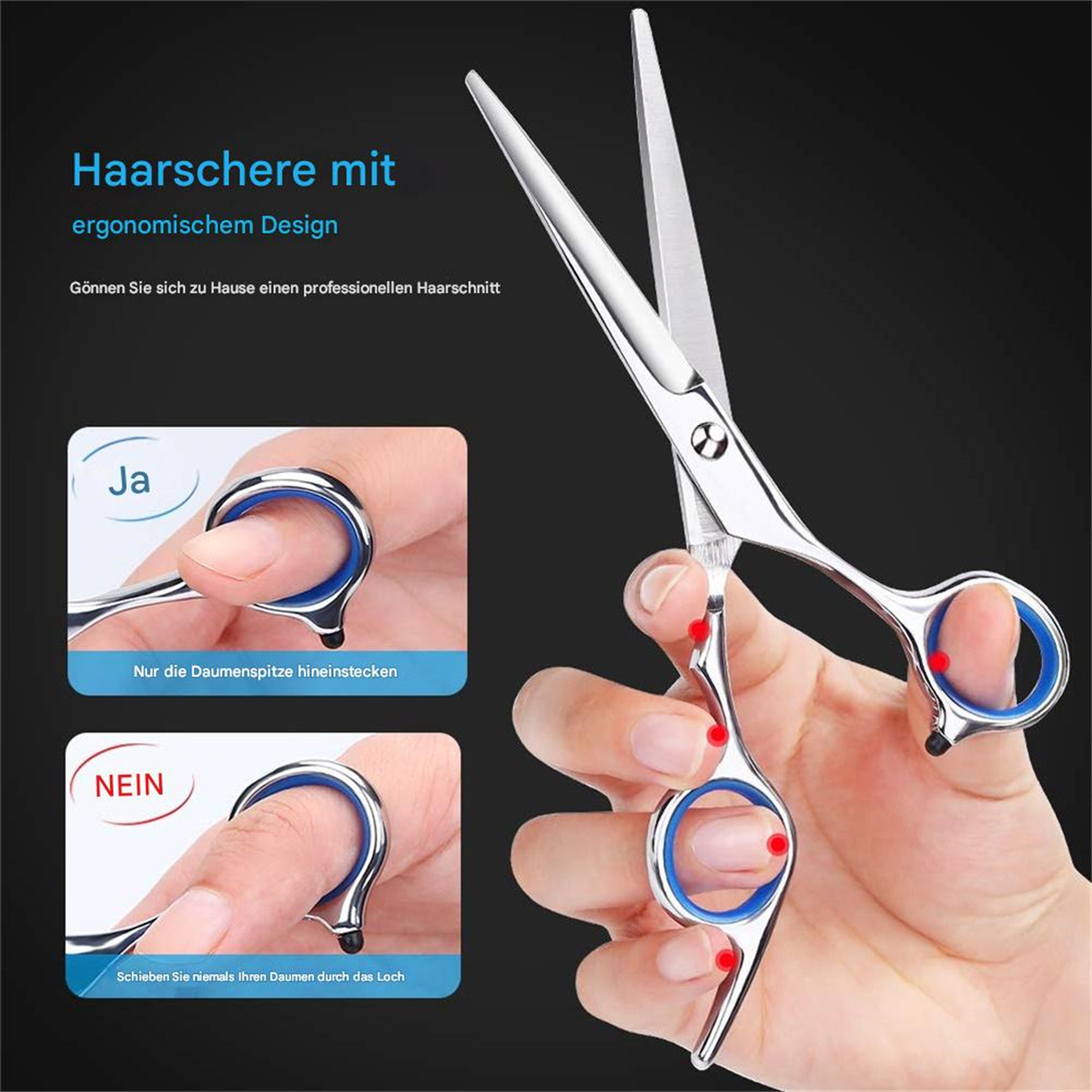 Schere mit blauen Griffringen und einer Hand. Text zeigt 'Ja' mit einem Daumen und 'Nein' mit einem Finger.
