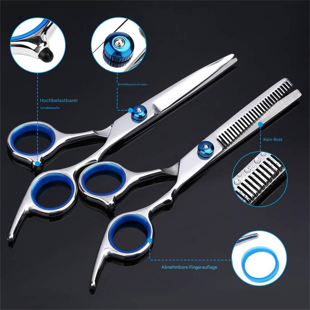 Zwei Friseurscheren mit blauen Details. Nahaufnahme von Teilen. Text: 'Kein Rost'.